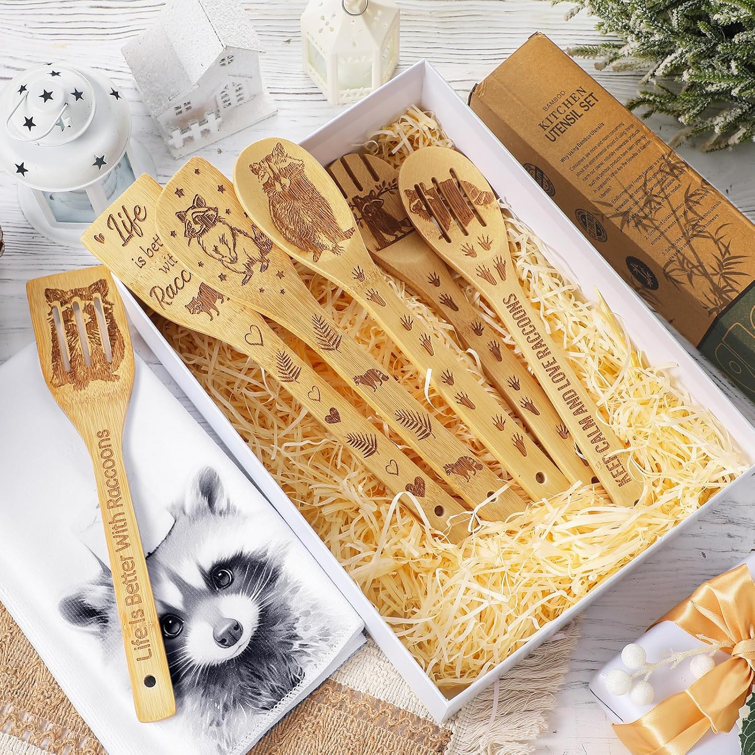 Potchen 8 Pcs Christmas Raccoon Gifts for Women Neighbor Christmas Gifts Raccoon Kitchen Hand Towels Wooden Bamboo Cooking Spoons Utensil Set for Holiday Friends Employee Housewarming Presents