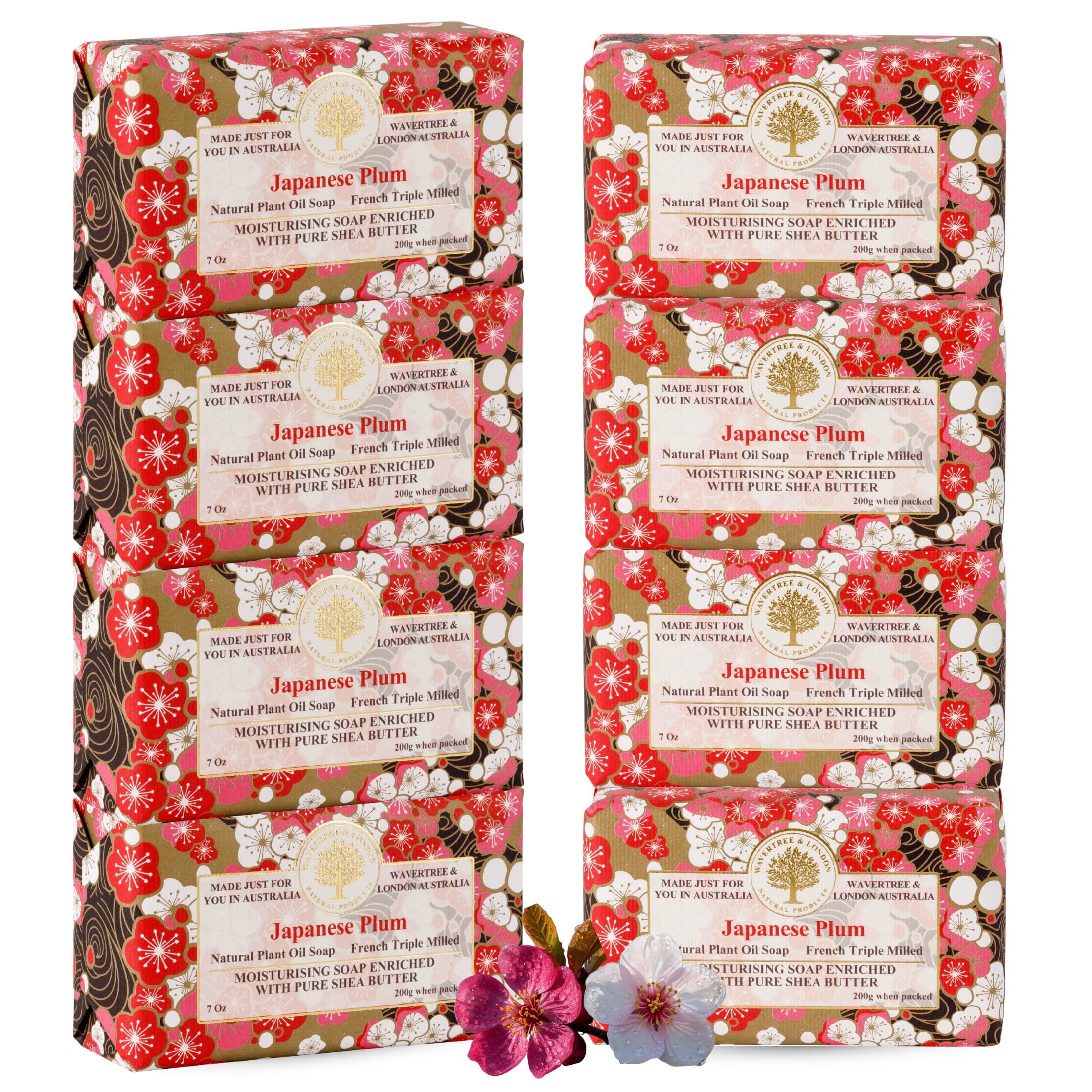 Wavertree & London Japanese Plum Scented Natural Soap (8 Bars), 7oz Moisturizing French Triple Milled Soap Bars enriched with shea butter - Pure Plant