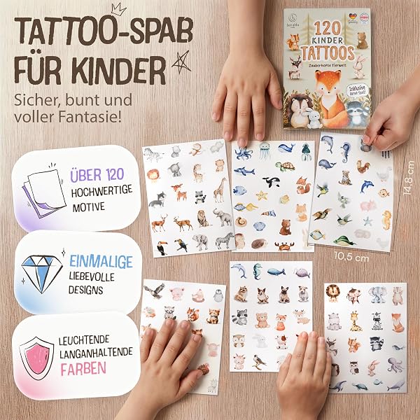Lunablu 120 Hautfreundliche Kinder Tattoos [Dermatologisch Zertifiziert] MADE IN GERMANY | Geschenk für Kinder | Kindertattoos für Jungen und Mädchen | Tattoo - Bunte Tiere - 2