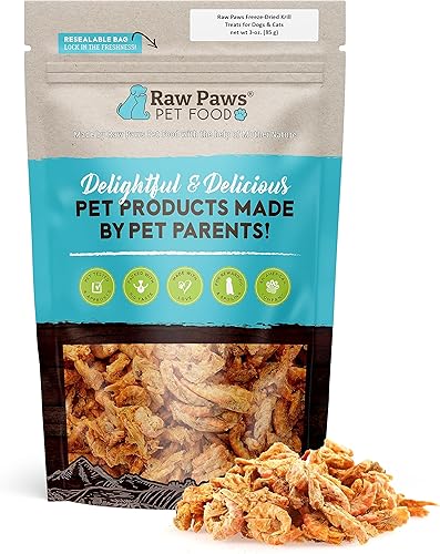 Raw Paws Golosinas de krill liofilizadas para perros y gatos, 3 onzas, contiene naturalmente aceite de krill para perros, Omega 3, alimento