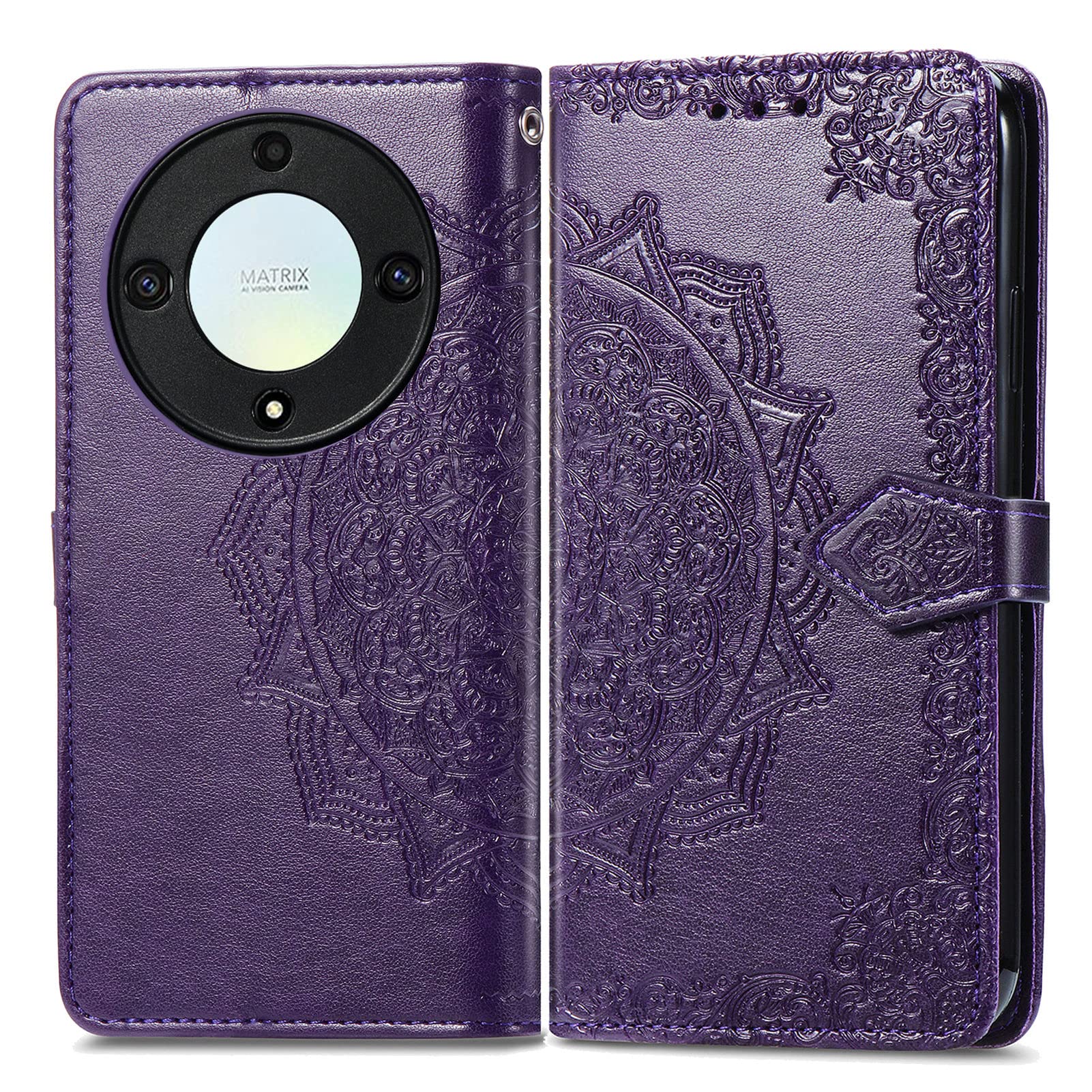 Custodia Portafoglio A Libro In Pelle Con Mandala Per Honor Magic 5 Lite 5G - Cover Con Porta Carte, Cavalletto E Cinghia, Colore Blu - 6