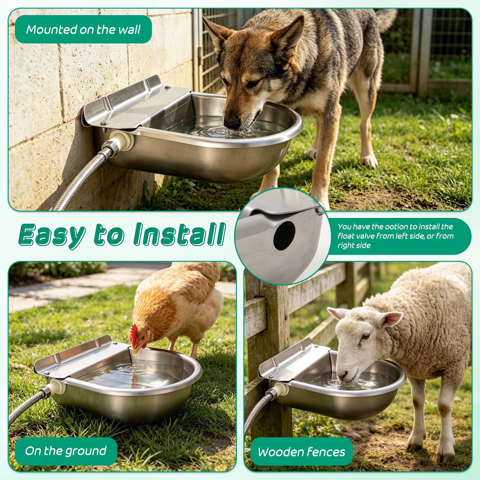 Tazón automático para caballos, dispensador de agua de ganado de granja de acero inoxidable mejorado con agujero de drenaje y válvula flotante para caballo, perro, pollo, cabra, cerdo (A)
