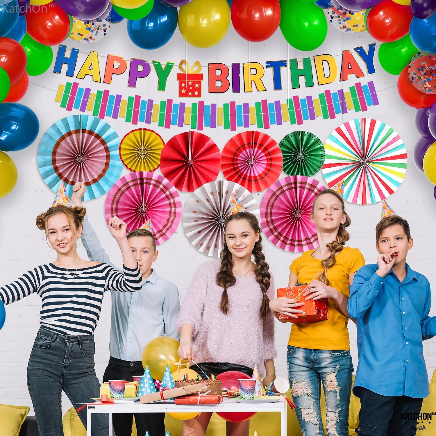 KatchOn, Rainbow Happy Birthday Decorations- Pack of 68 | Rainbow Happy Birthday Banner, Paper Fans, Balloons, Rainbow Birthday Decorations |