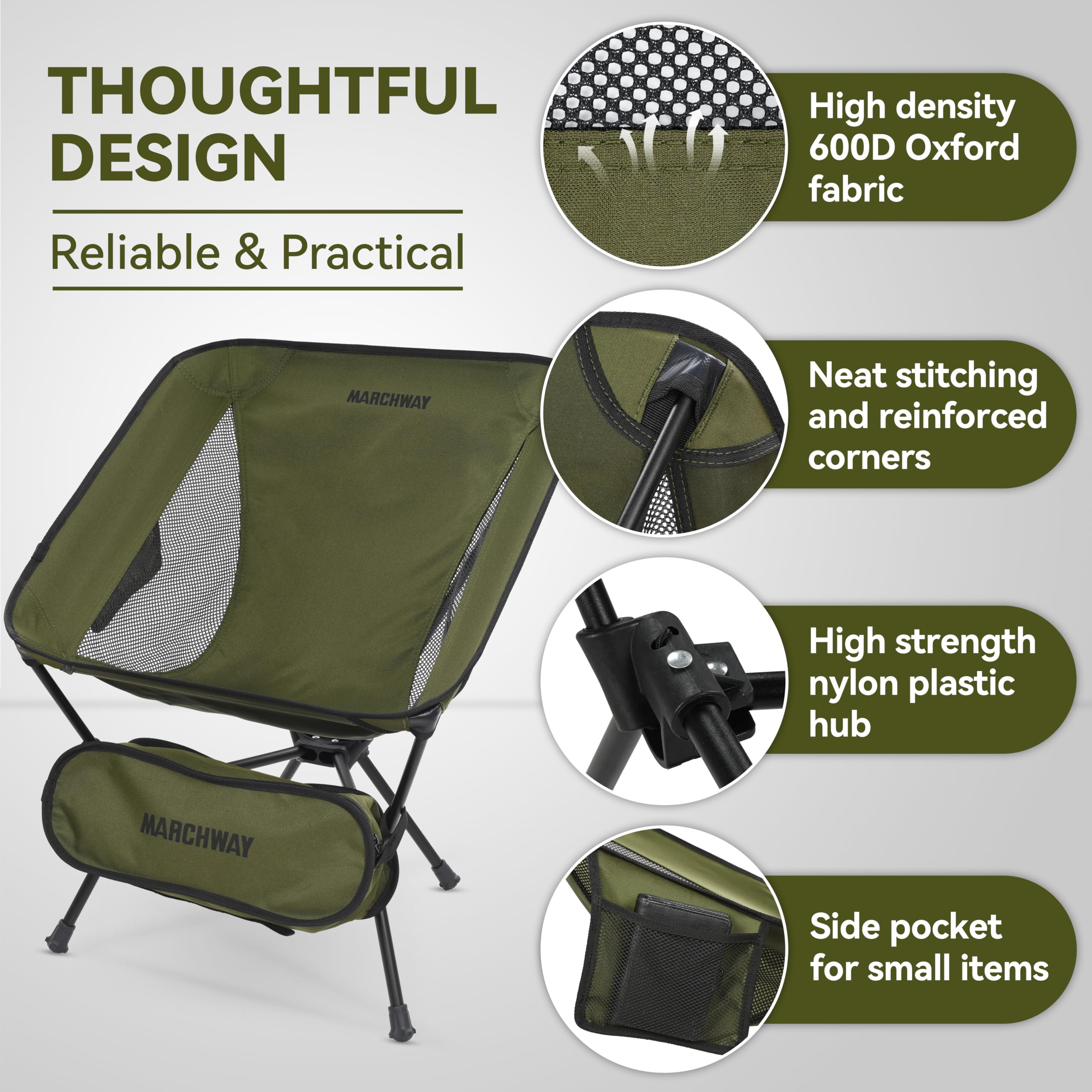 MARCHWAY Silla de camping plegable ligera, estable y portátil compacta para campamento al aire libre, viajes, playa, picnic, festival, senderismo, mochilero, soporta 330 libras (verde)