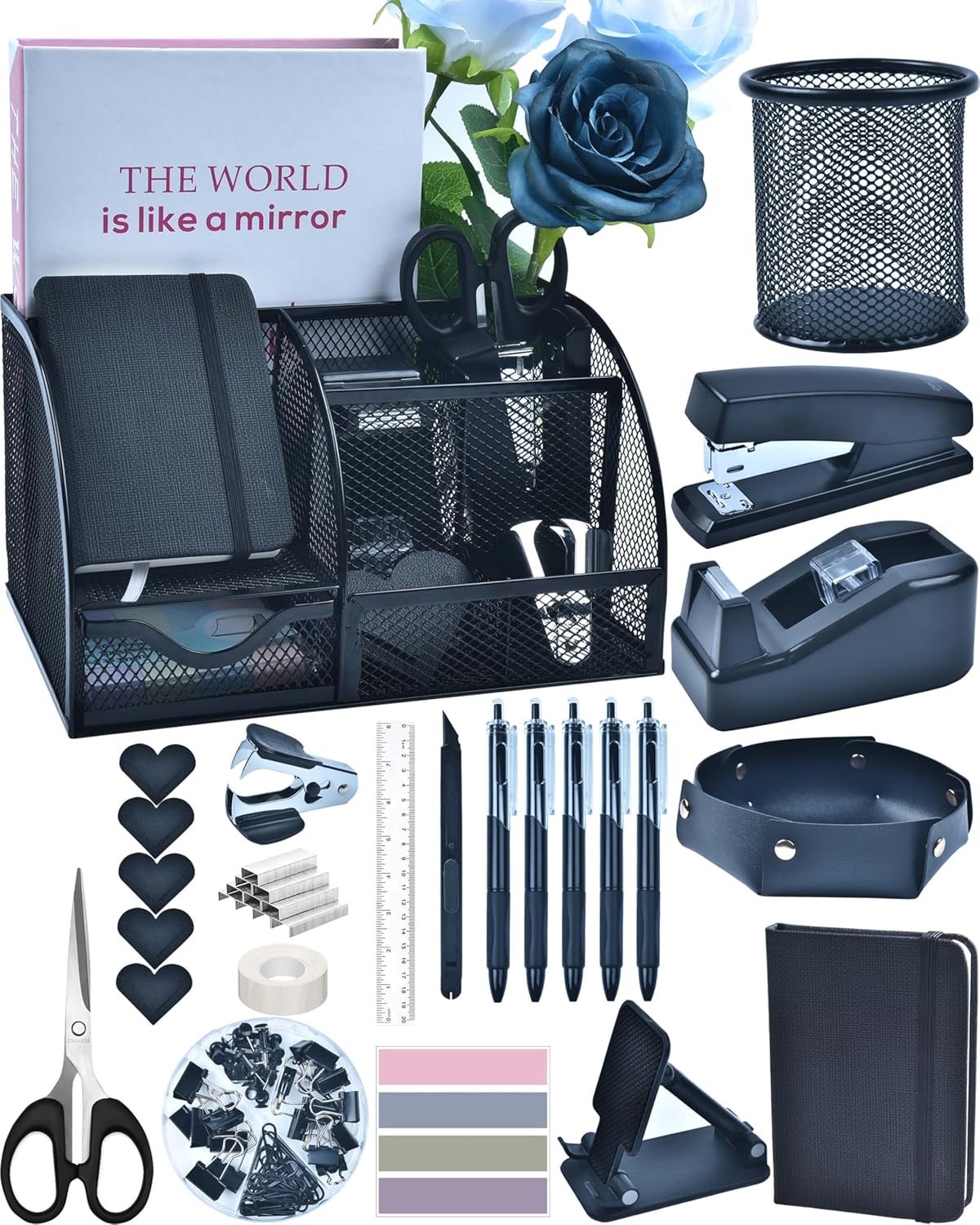 Black Desk Accessories, 24Pcs Office Supplies and Desk Organizers, with Tape Dispenser, Stapler, Staple Remover, Ect, Christmas Gifts