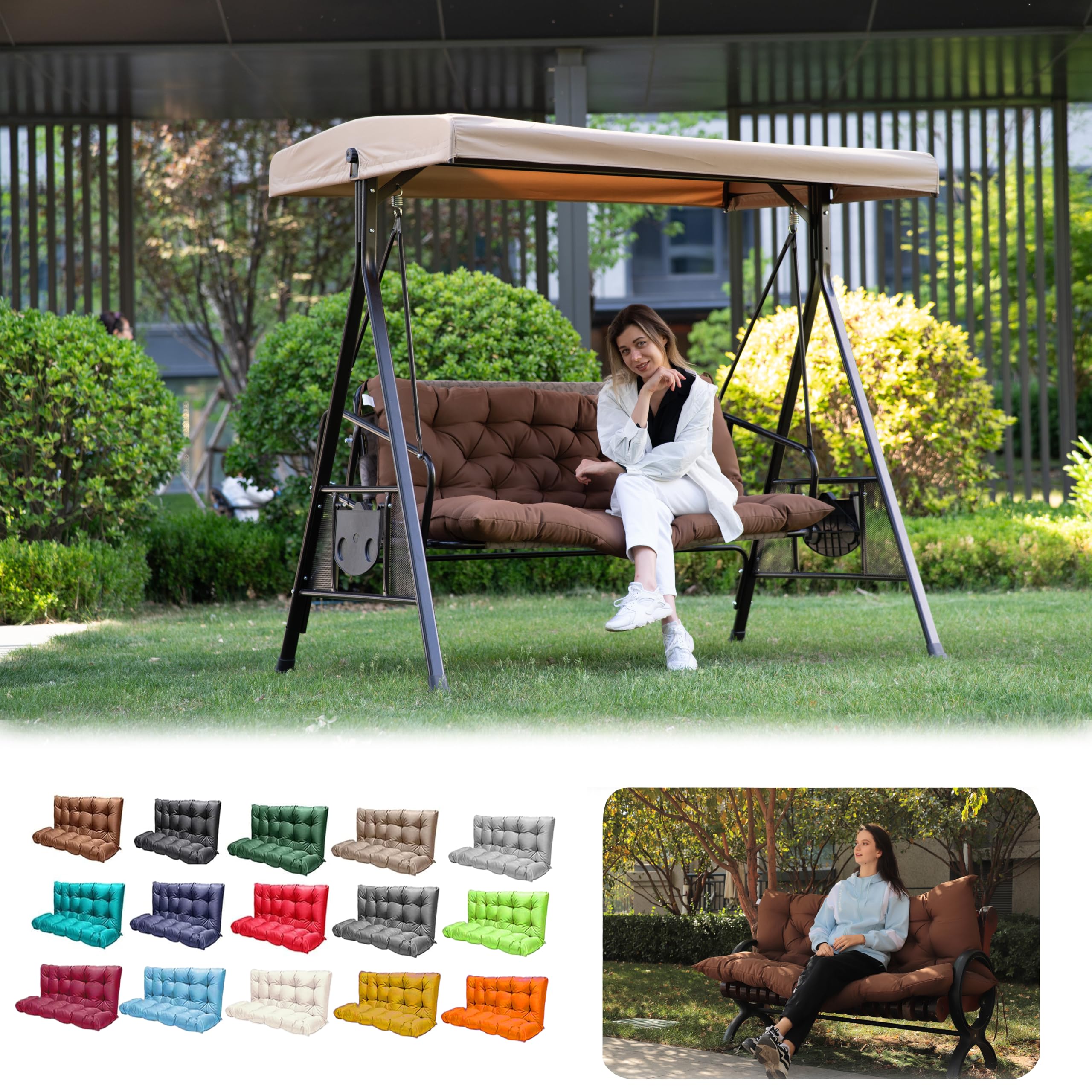 Porch Swing Cushions, Outdoor 3 Seats Swing Cushion Replacement Pad with Backrest, Waterproof Bench Cushion with Ties, for Porch,Garden,Backyard Furniture Patio Lounger (Coffee 60 * 40 in)