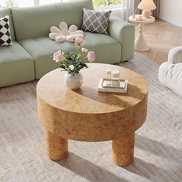 Tribesigns Oak Marble Effect Round Coffee Table for Living Room, 80cm Wooden Melamine Veneer Circle Center Cocktail Tea Table with 3 Legs, Sturdy & Chunky Rustic Meets Modern Style