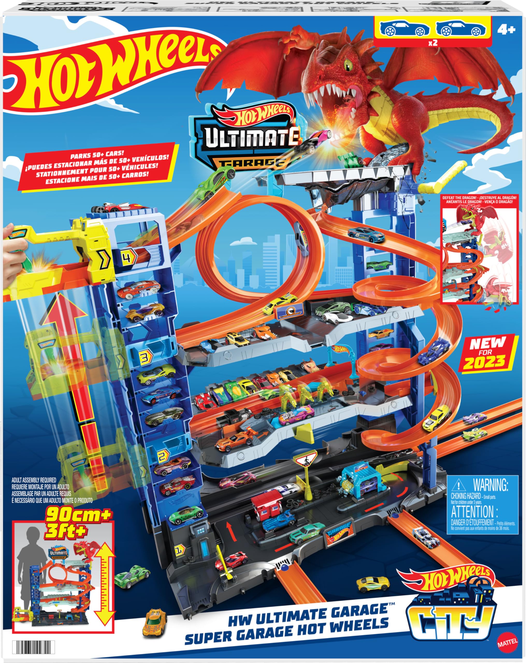 Hot Wheels City “Let's Race - ¡a Correr!” Netflix - Garaje definitivo Pista para Coches de Juguete con dragón y 4 Niveles, Incluye 2 vehículos, +4 años (Mattel HKX48)