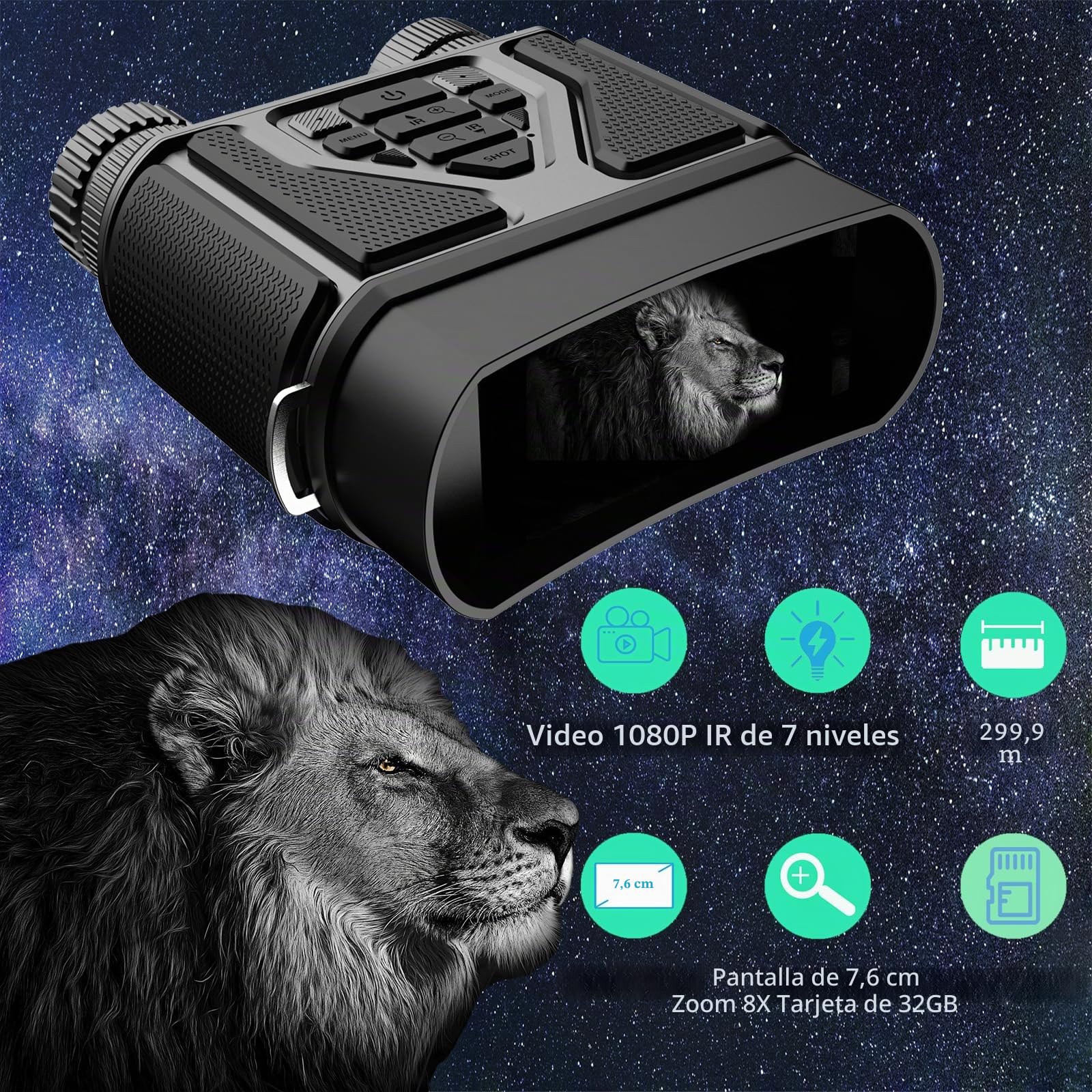 Binoculares Visión Nocturna, Prismáticos de Infrarrojos Digital Visor Nocturno Rango de 300m con LCD TFT de 3.0",Prismáticos Visión Nocturna 32GB para Observación y Grabación