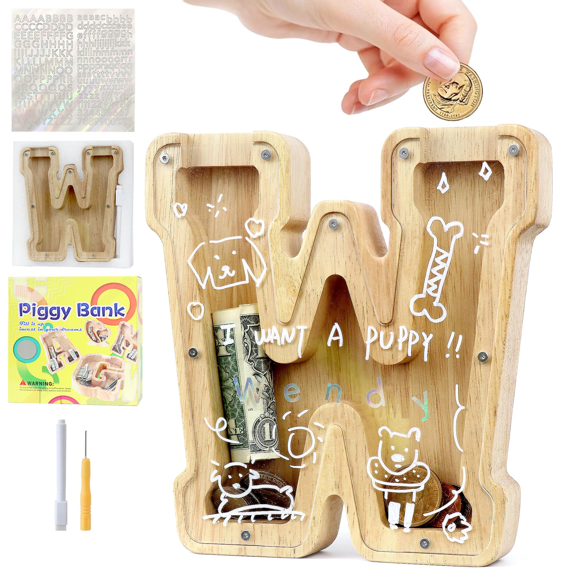 Y Salvadanaio Per Bambini Salvadanaio Personalizzato Con Lettere Dalla A  Alla Z Salvadanaio In Legno Trasparente, image size:2000x2000