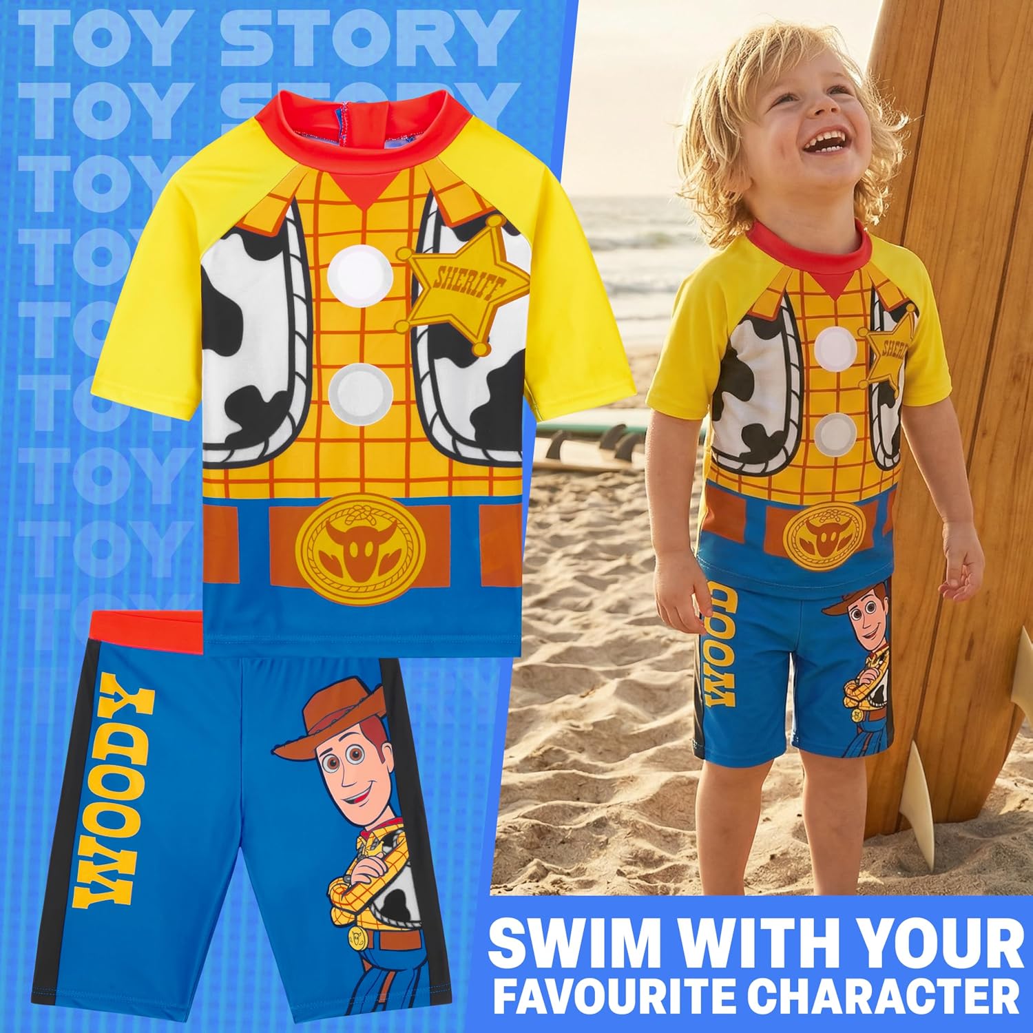 Disney Toy Story Boys Rash Guard & Swim Trunks Two Piece Set, Buzz Lightyear Woody Swimsuit, Bathing Suit Ages 3–7