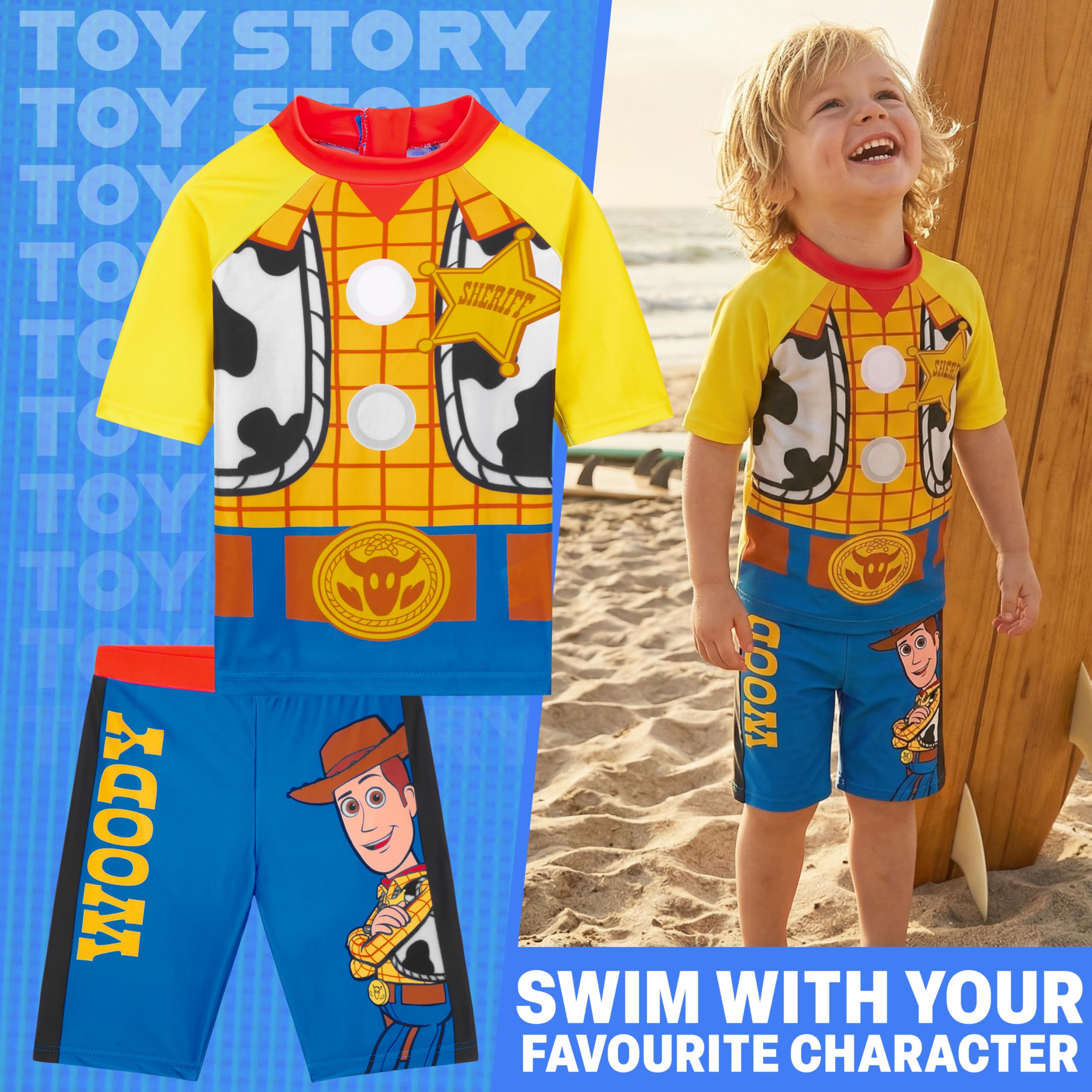 Disney Toy Story Buzz l'Eclair | Woody Ensemble Maillot de Bain Garcon, 2 Pieces Rashguard Vest et Short de Bain, Fermeture Eclair, Ete Cadeau Garcon