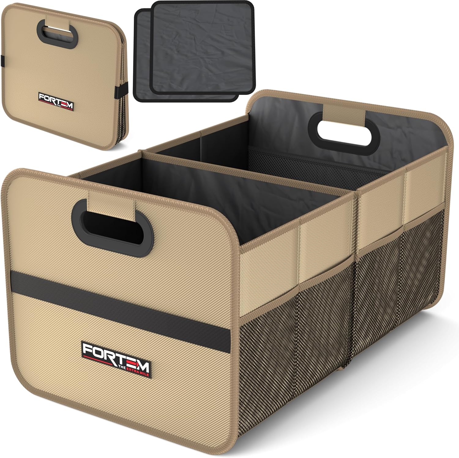 FORTEM Car Trunk Organizer, Collapsible Two Compartment Organizer, Foldable SUV & Truck Storage for Car Accessories for Women Men, Non Slip Bottom, Sturdy Side Walls, Strong Handles, 75L