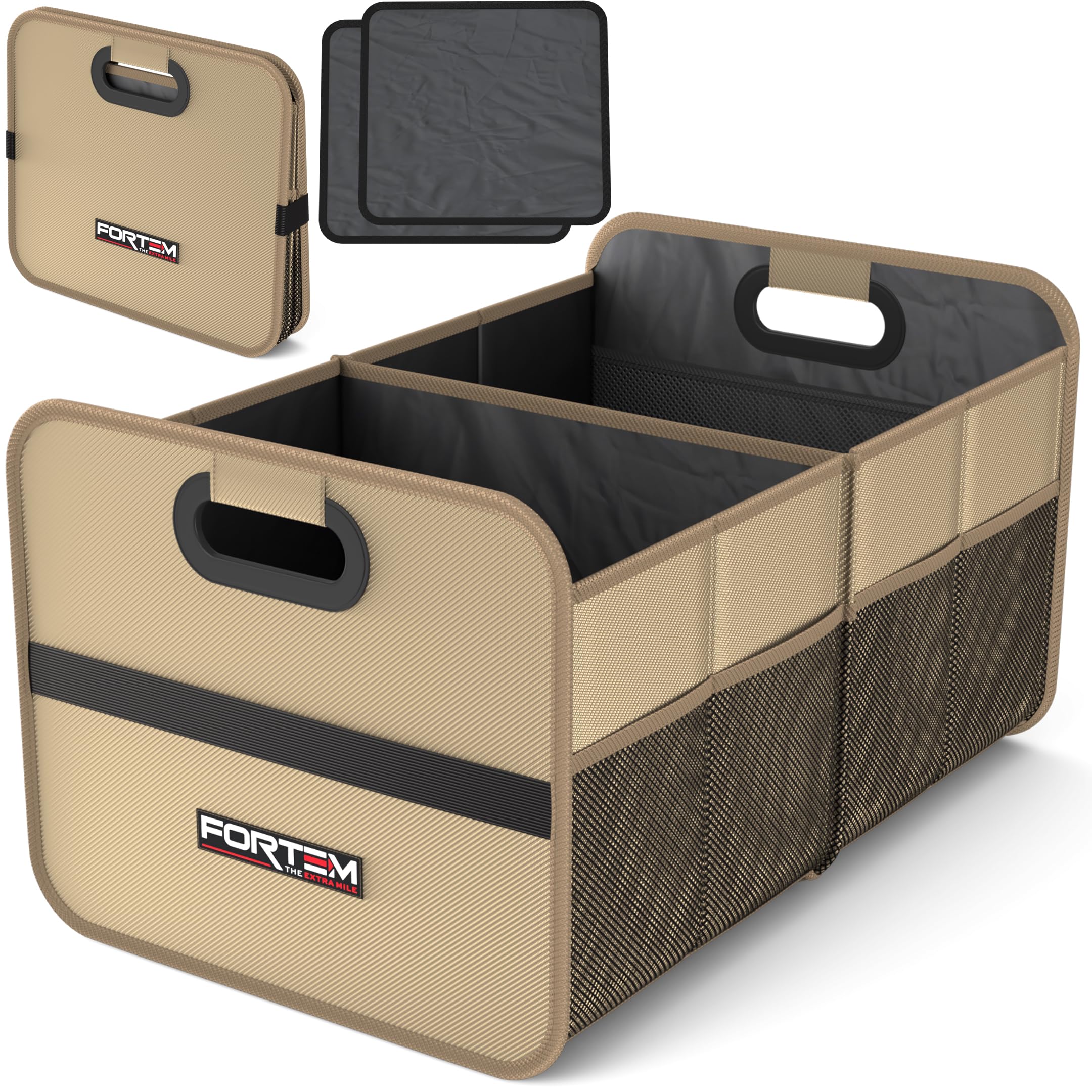 FORTEM Car Boot Organiser, Collapsible Two Compartment Organizer, Foldable SUV & Truck Storage for Car Accessories for Women Men, Non Slip Bottom, Sturdy Side Walls, Strong Handles, 50L