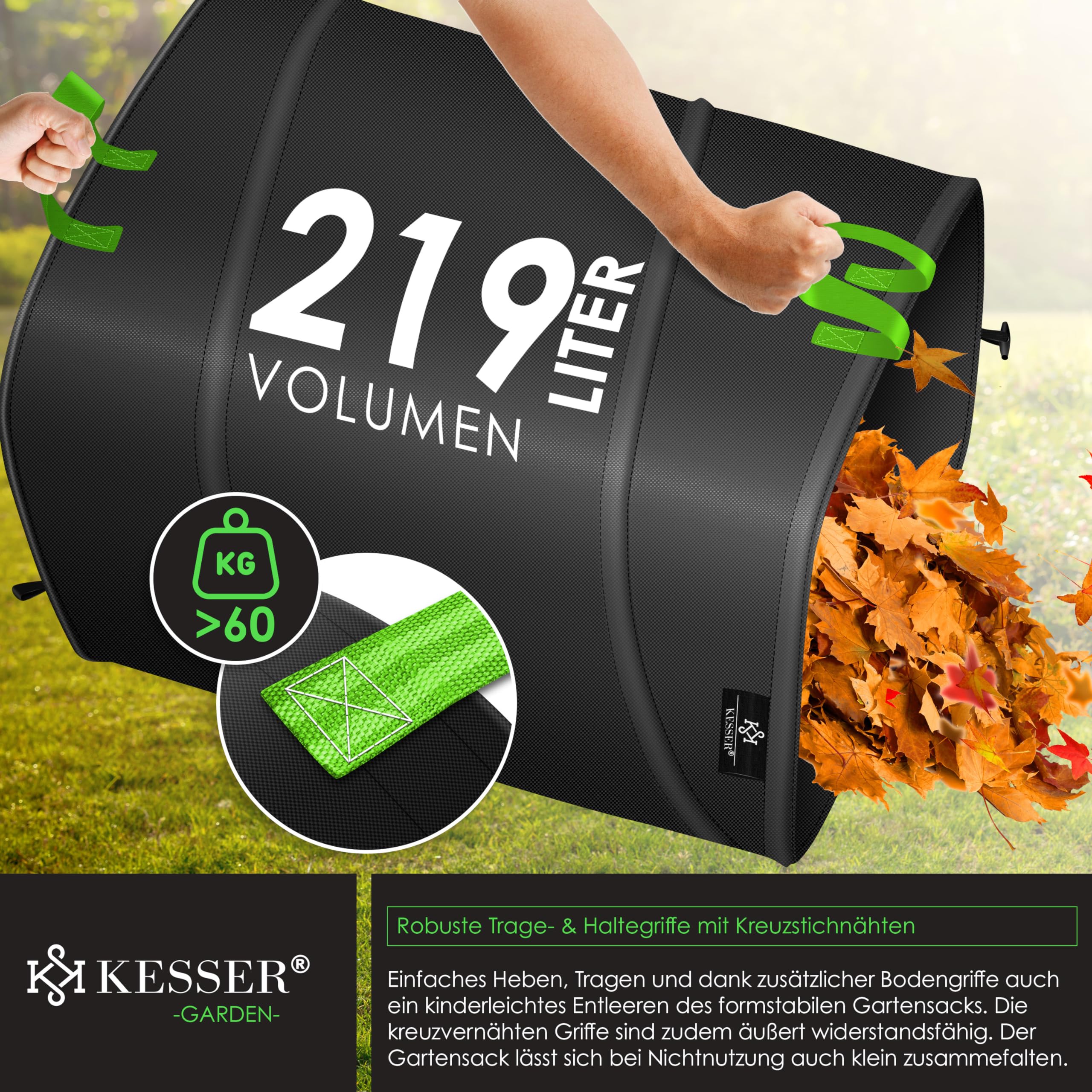 KESSER® Sac à déchets de jardin Pop-Up 219L - Sac à feuilles, sac à déchets de jardin incluant des gants | Autoportant avec poignées - Stable, robuste et pliable | Sacs à feuilles, sacs de tonte de