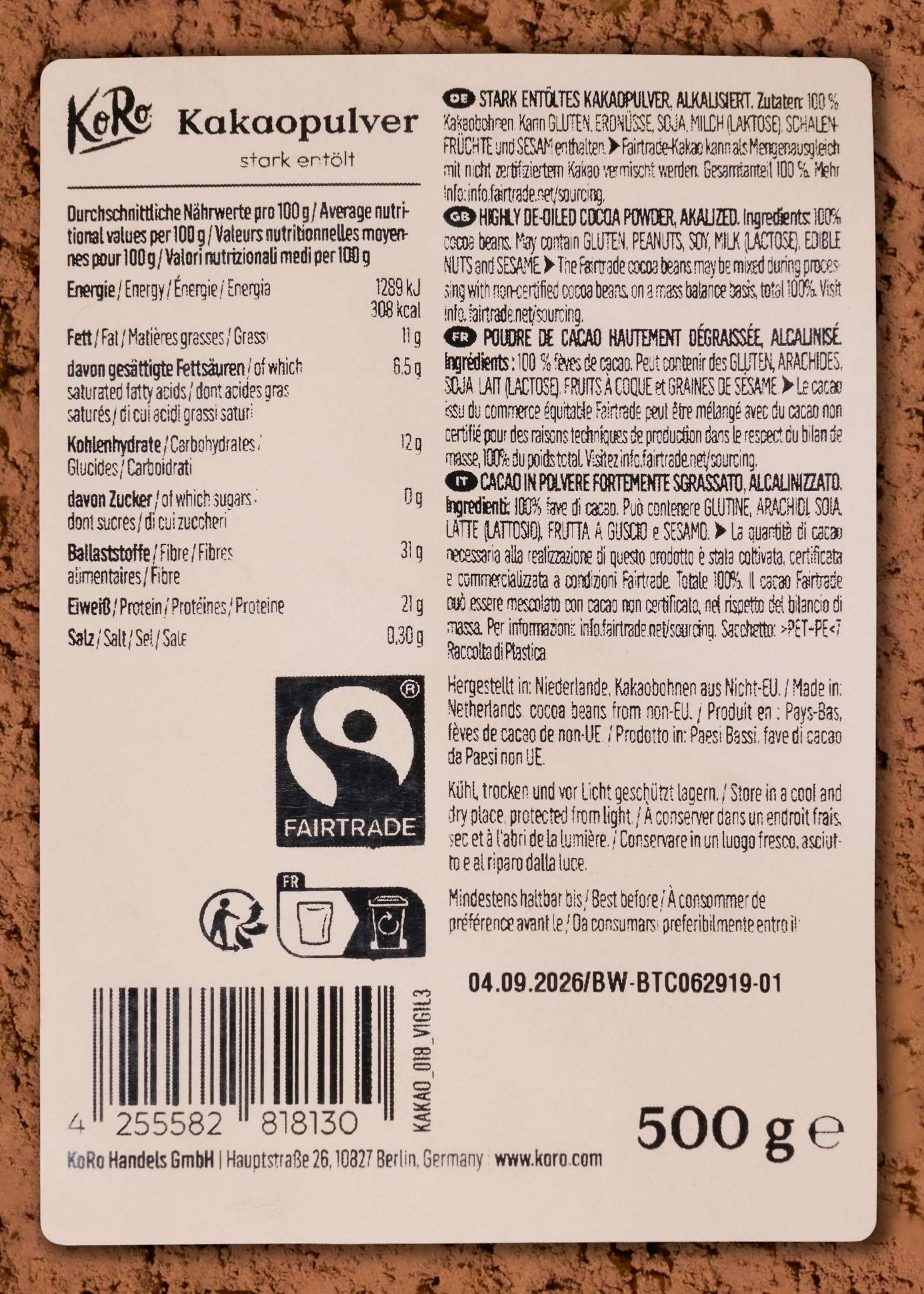 KoRo - Cacao in polvere fortemente sgrassato Fairtrade 500 g - 100% fave di cacao - Senza zuccheri aggiunti* - Ideale per la pasticceria e per la cioccolata calda