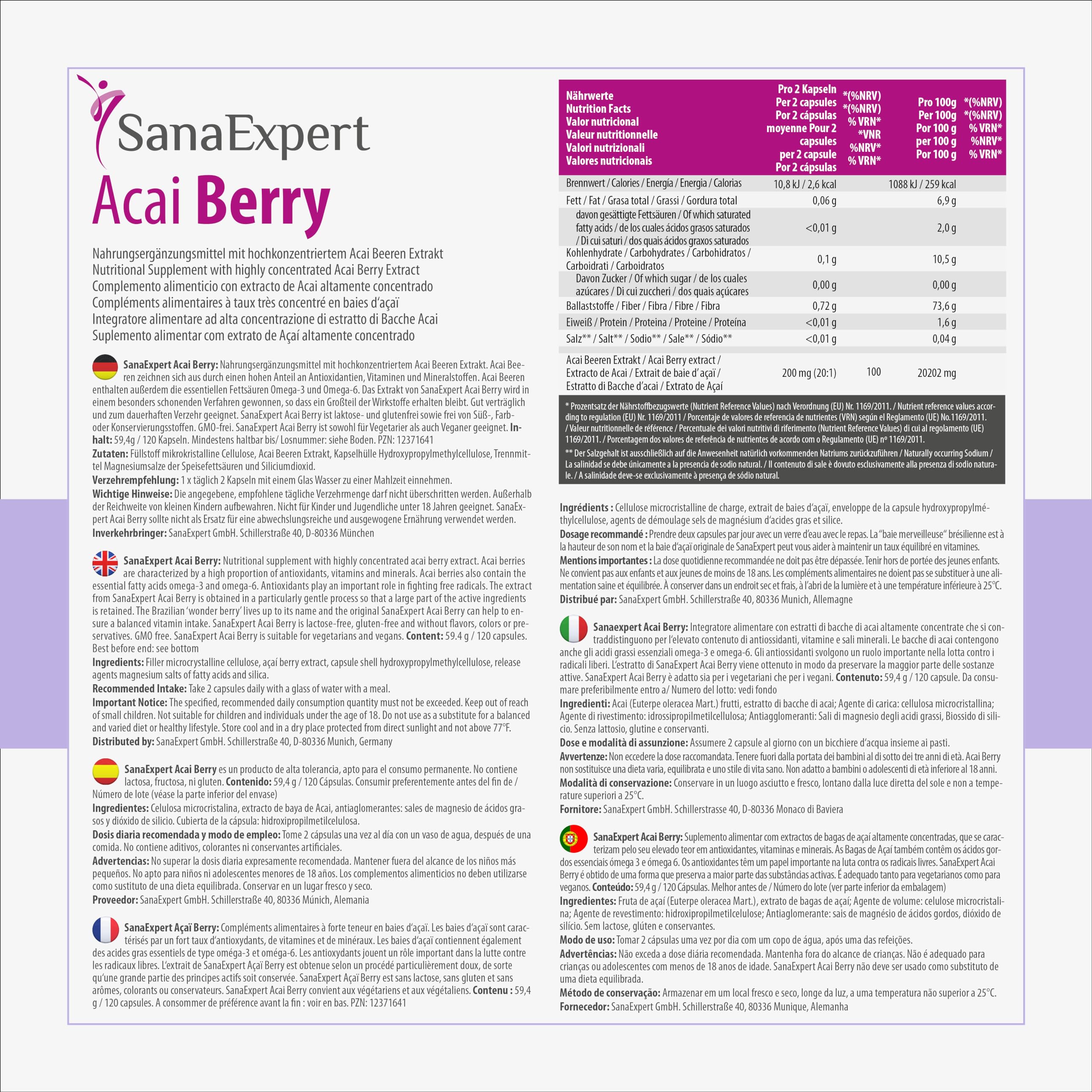 SanaExpert Acai Berry Pack 3. Integratore antiossidante con puro estratto di bacche di Acai alto dosaggio 4000 mg. (120 compresse ogni confezione) Ingredienti naturali. Prodotto in Germania.