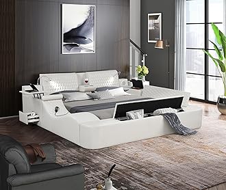 Multifunction Smart Bed - Luxury Bed Frame with Lights and Massage Chair, Upholstered Bed Frame with USB Port & Speakers, Lift End Table and 6 Storage Space, No Box Spring Needed (Beige, Queen)