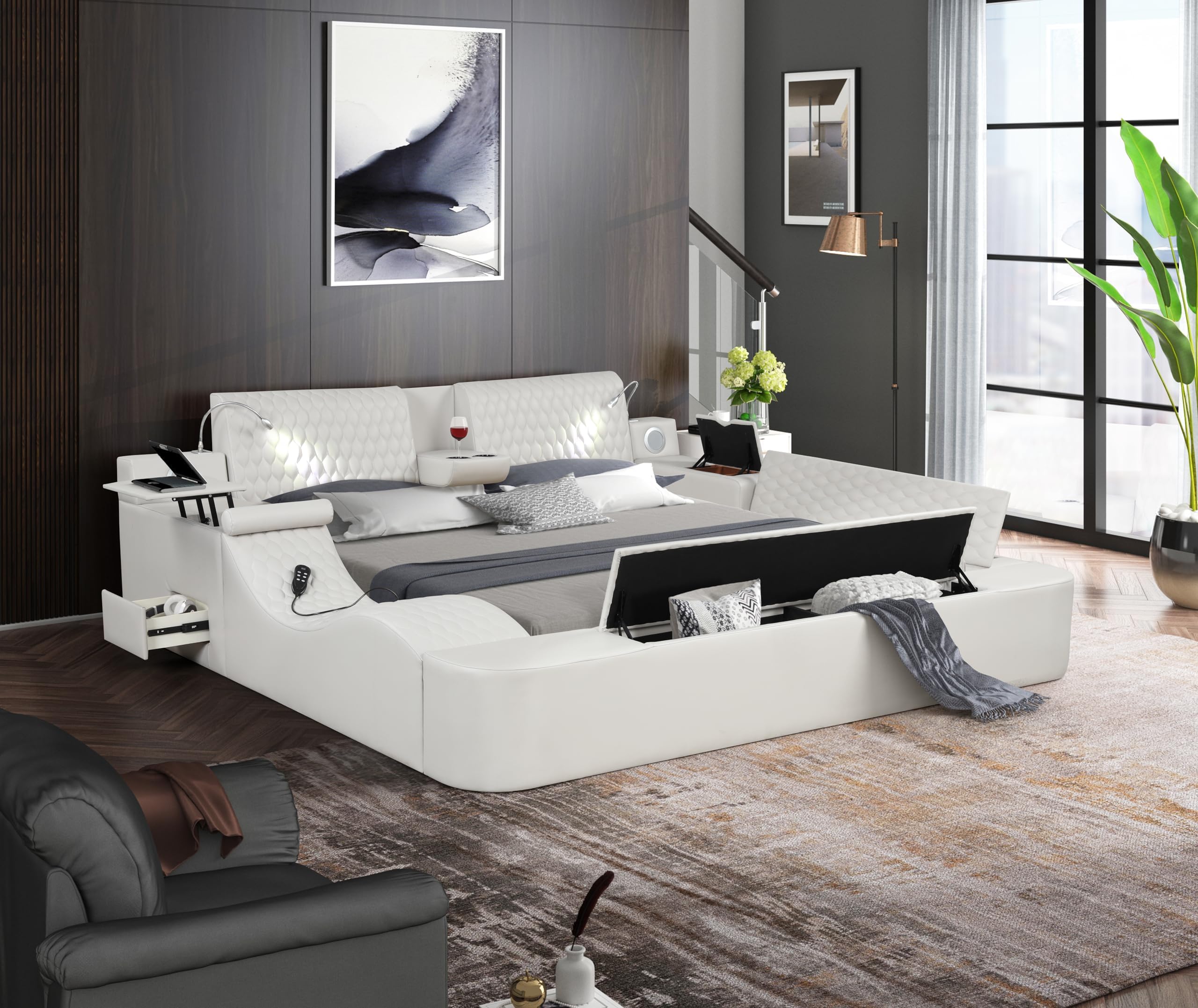 Multifunction Smart Bed - Luxury Bed Frame with Lights and Massage Chair, Upholstered Bed Frame with USB Port & Speakers, Lift End Table and 6 Storage Space, No Box Spring Needed (Beige, Queen)
