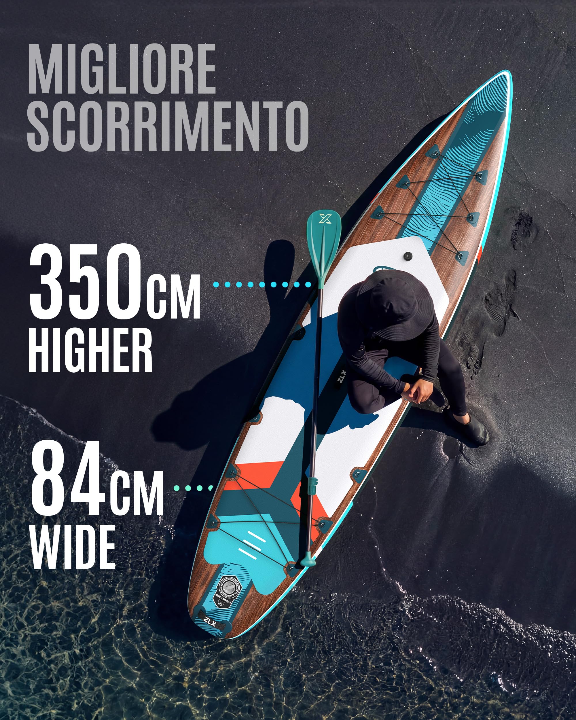 ZLX Sup Gonfiabile 350x83cm,SUP Touring Con Accessori Completi, Tavola SUP Max 230 Kg, Pinna Centrale Unica, Pad Deck Antiscivolo, Tavola SUP Gonfiabile Per Adulti, Principianti, Tutti I Livelli