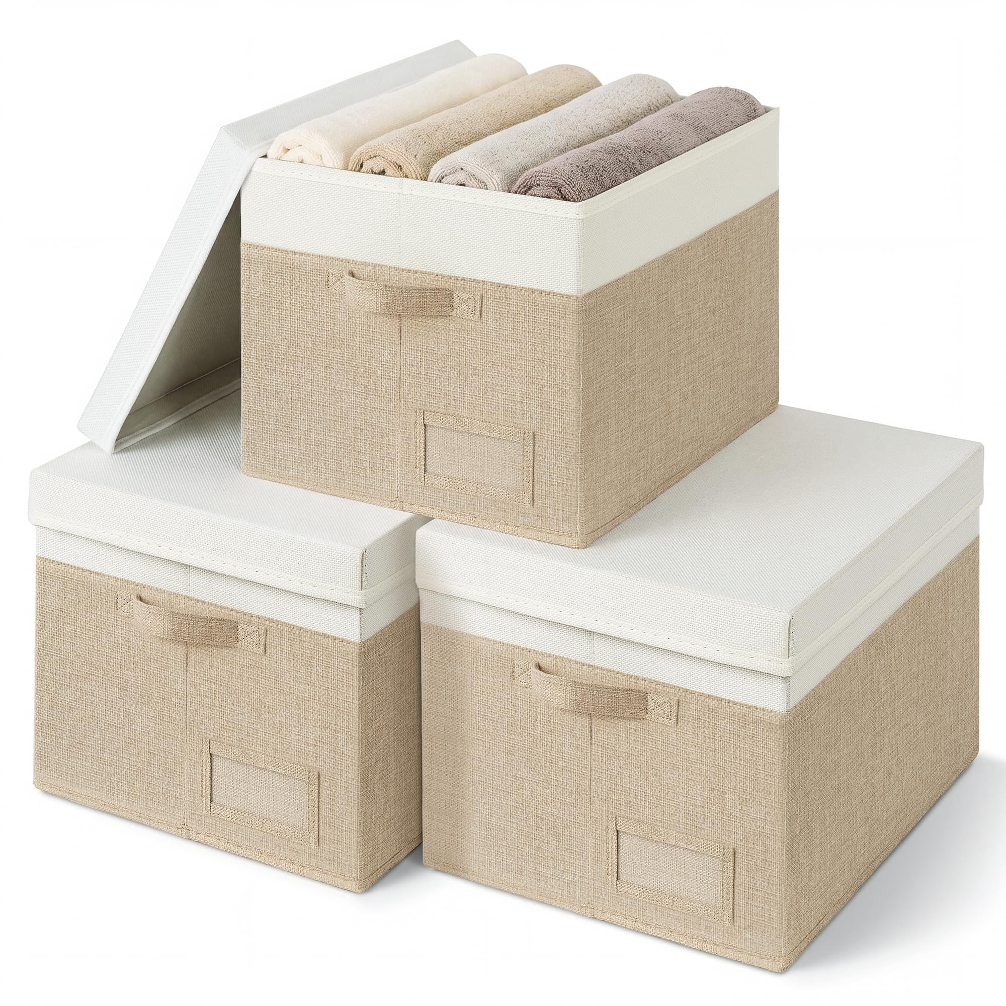 GRANNY SAYS Aufbewahrungsboxen mit Deckel Stoff, 3 Stück Kisten Aufbewahrung mit Deckel für Schrank, Weiß-braun Boxen mit Deckel Aufbewahrung, Faltbare Aufbewahrungskorb, Storage Boxes with Lids Küche, Haushalt & Wohnen