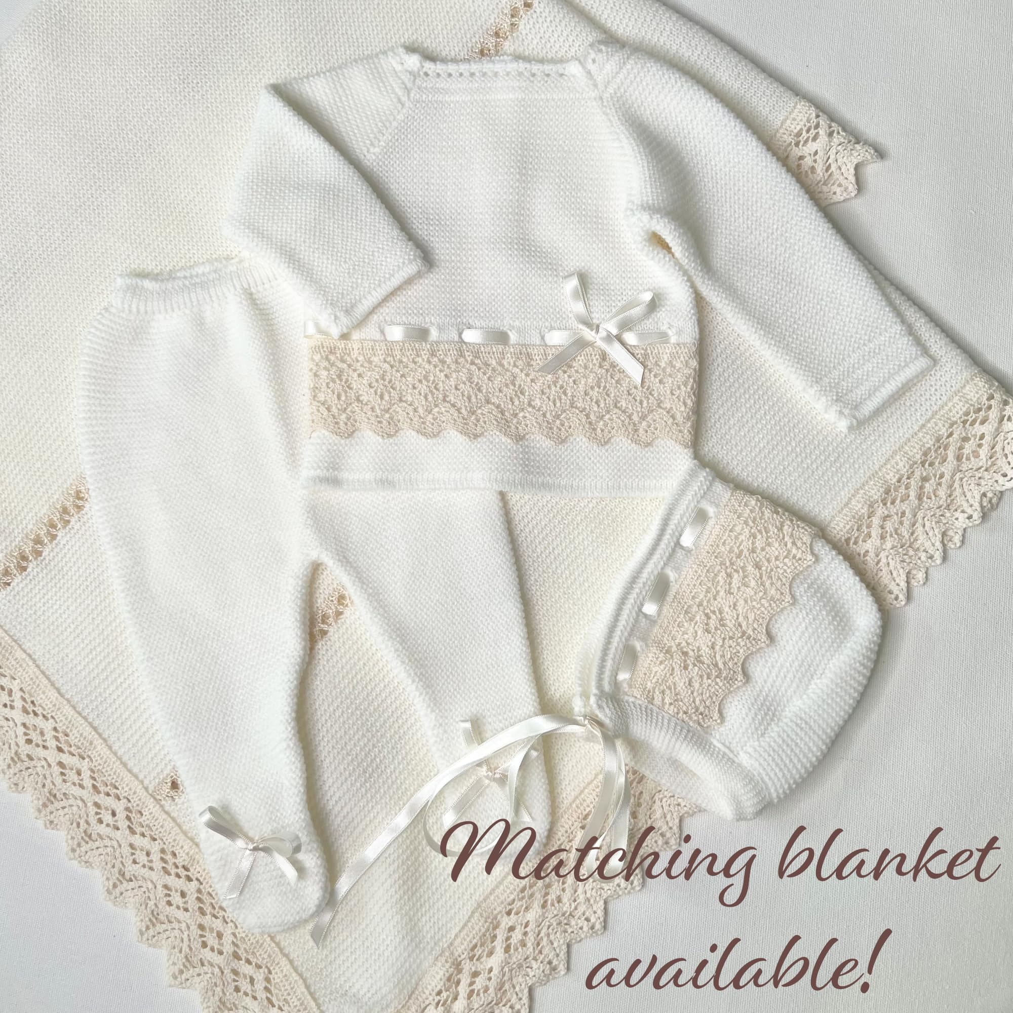 Conjunto de ropa de punto para recién nacido, elegante para llegar a casa con encaje y cintas - beige - recién nacido