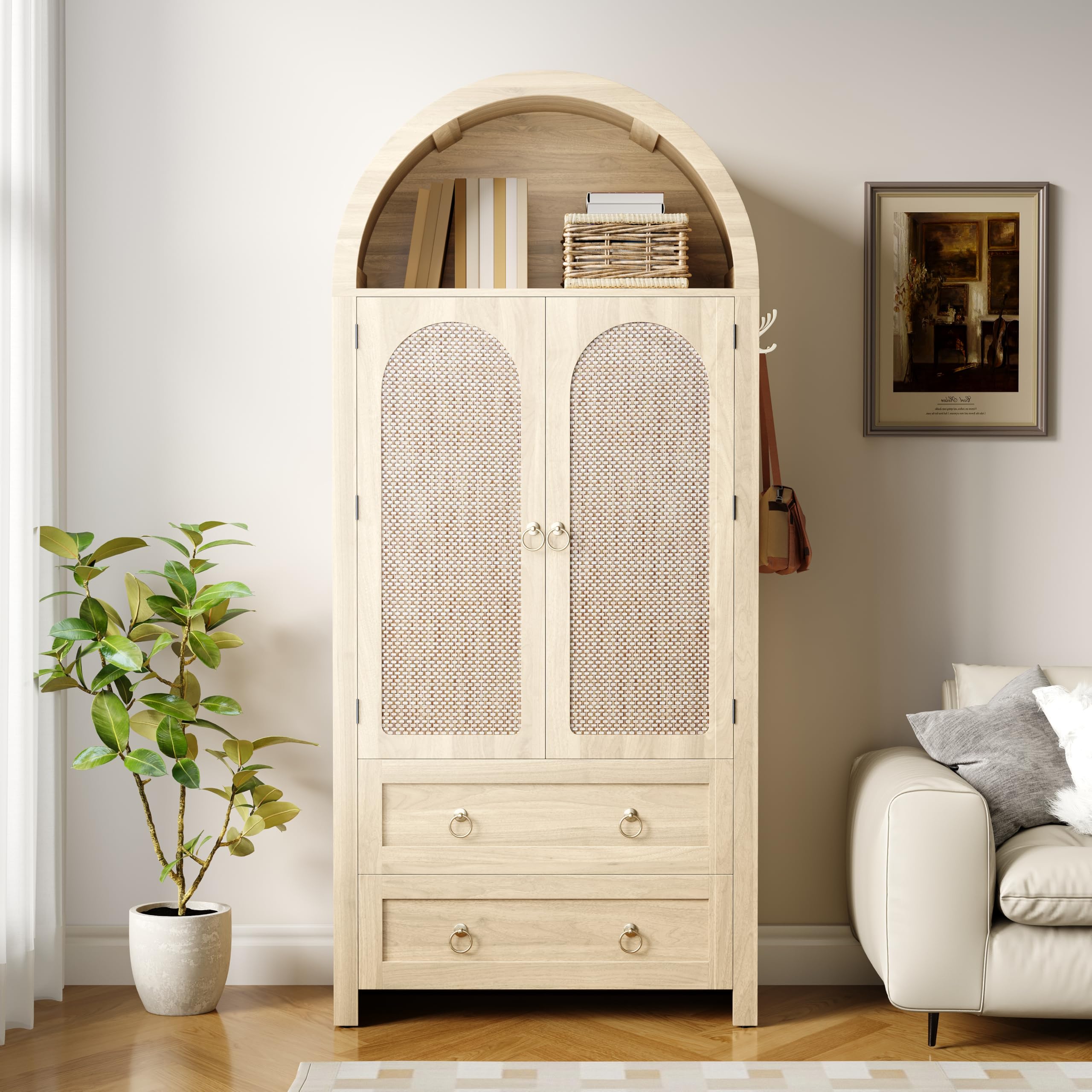 Credenza in stile arco, vimini, colore quercia, 80 x 180 cm, doppio cassetto, credenza vintage per soggiorno e camera da letto