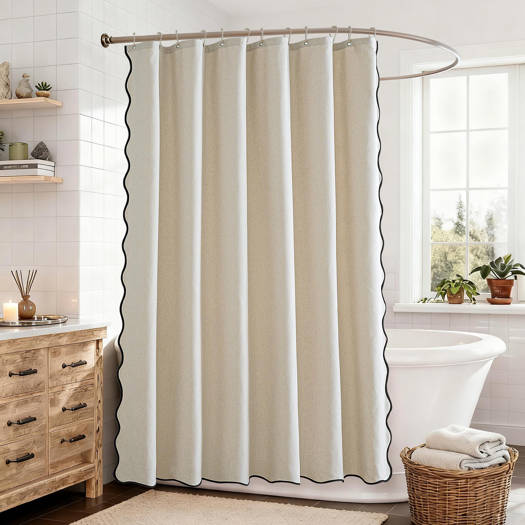 Rideau de douche extra long texturé en lin avec 12 crochets métalliques, très résistant, lavable, imperméable, neutre et épais avec bordure noire pour salle de bain, hôtel, baignoire, 183 x 213 cm (l