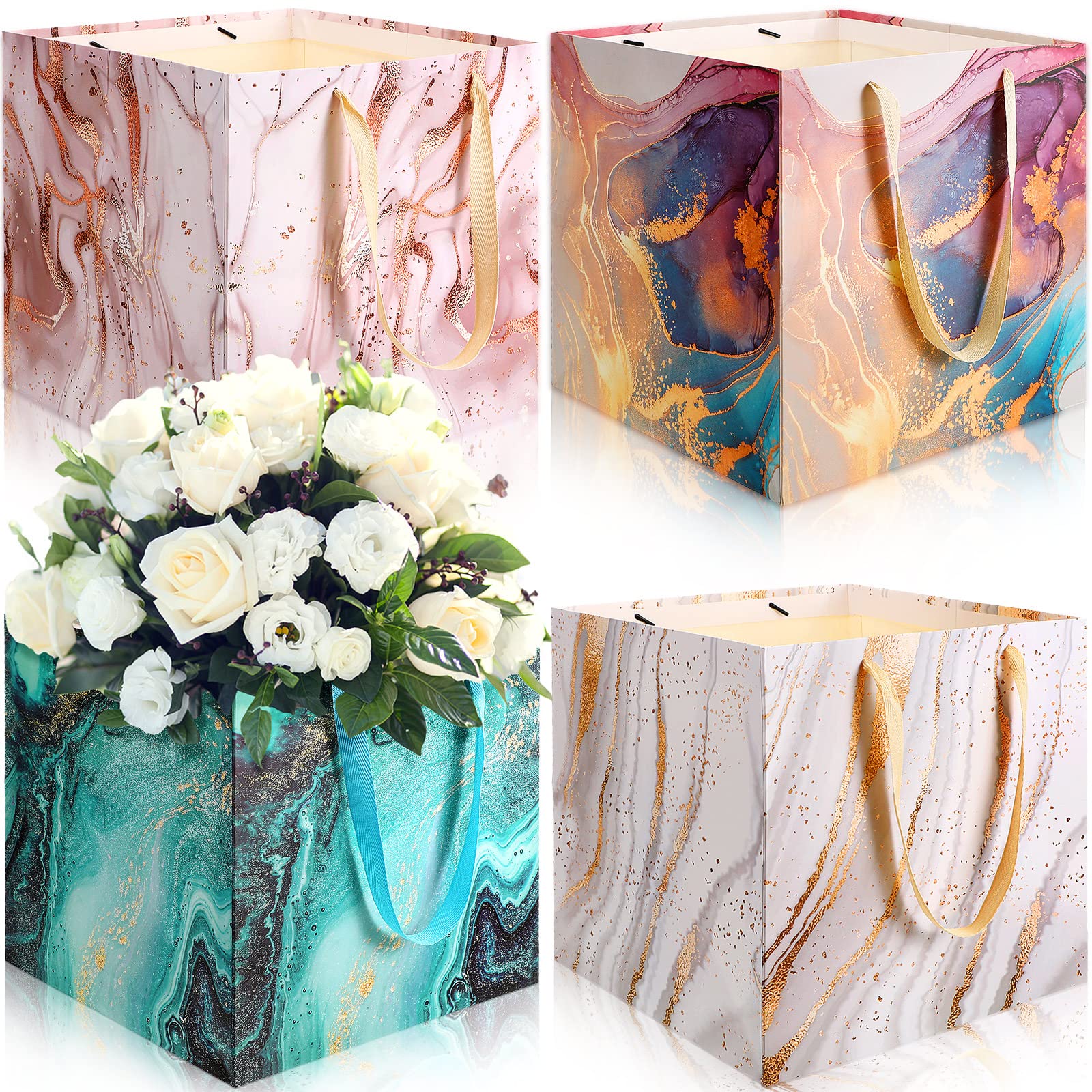 Teling 4 Pcs Extra Large Gift Bag, 11.8 Inch Square Marble Large Wedding Huge Birthday Paper Gift Bag with Handles for Party Holiday Bridal Engagement Present