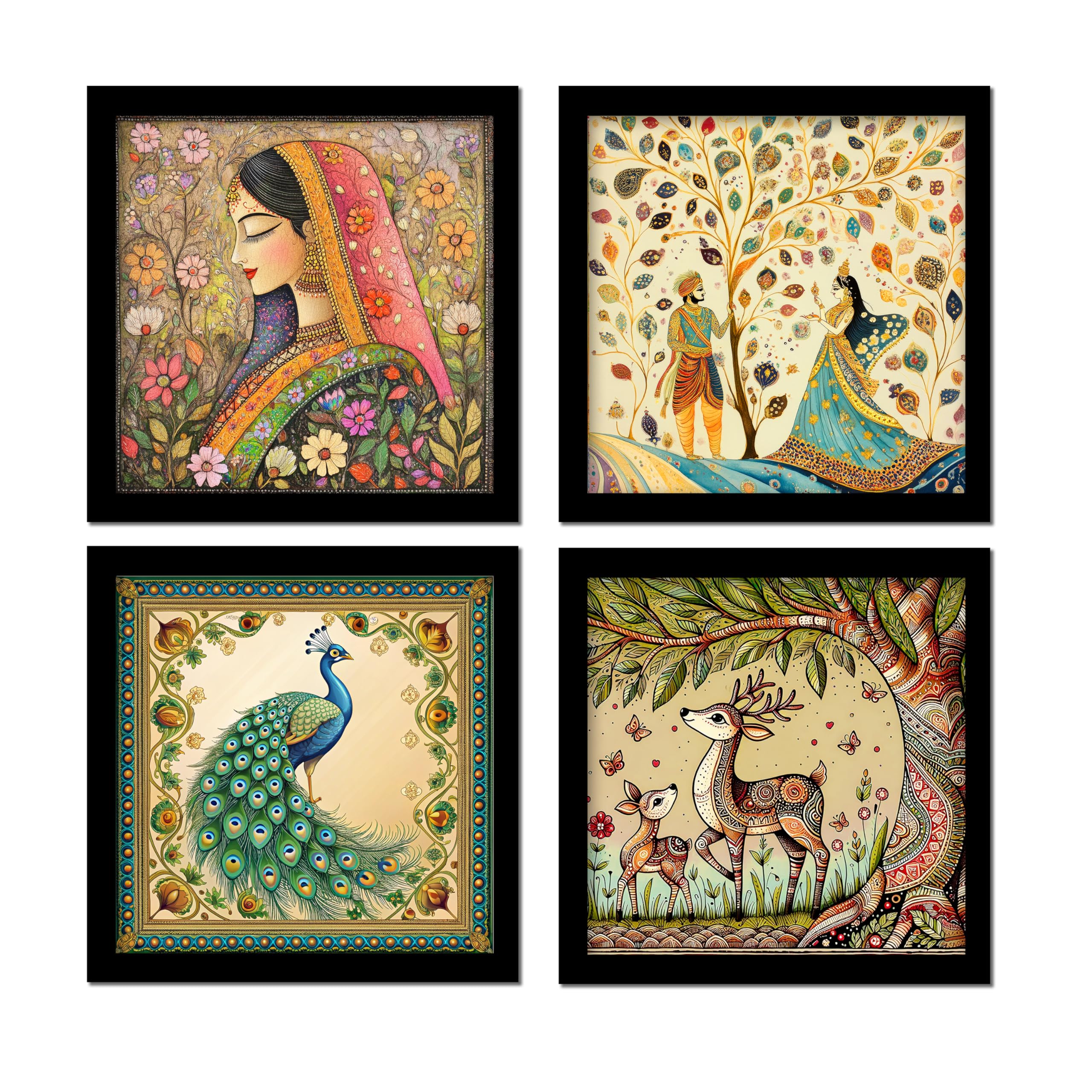 Rousrie Madhubani Art Framed Painting For Home, Living Room, Hall | Traditional Rajasthani Pichwai Art Paitnings With Frame For Home Decor (Set Of 4)