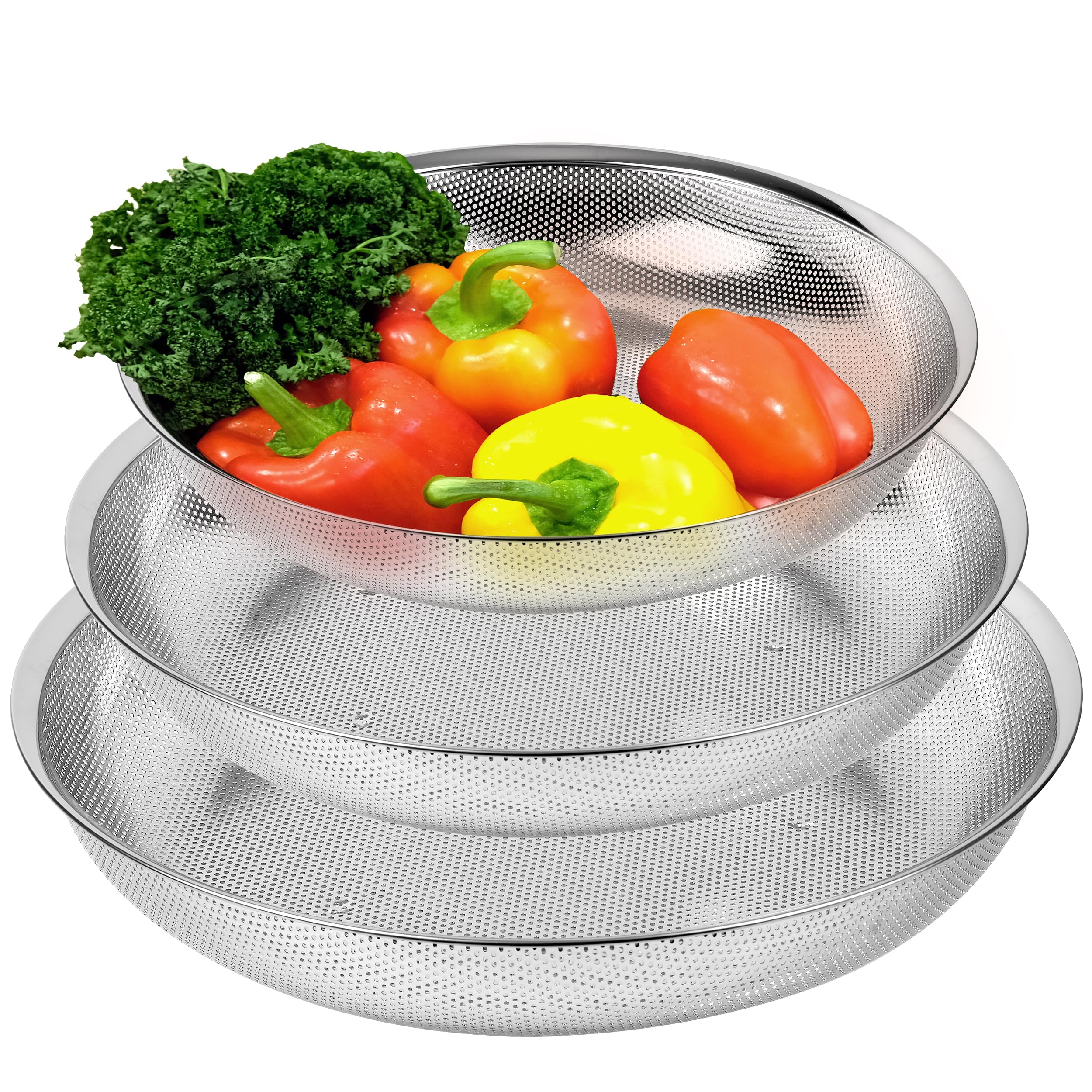 COMPORT K Premium Comfortable Colander Set of 3, 18/8 304 Stainless Steel Tray Micro-Perforated Shallow Strainers, 5.5-7-10 Quart Set, Self-Draining Solid Base for Pasta, Fruits, Vegetables