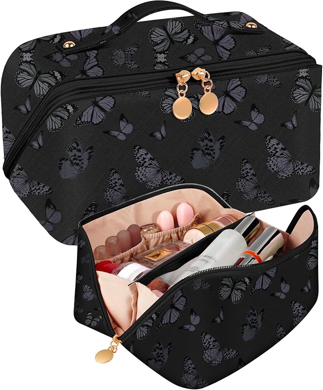 Necessaire de maquiagem Bistup com estampa 4-Black Butterfly, divisórias e zíper, Pacote com 1