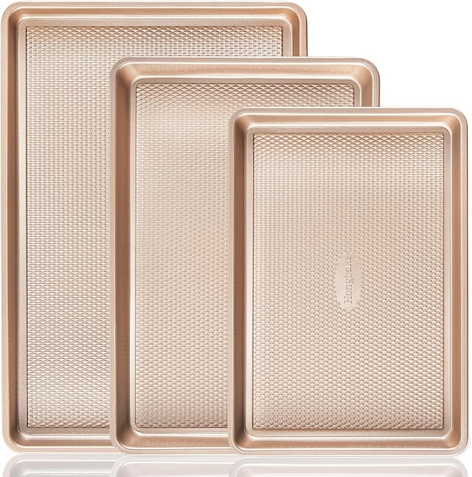 HONGBAKE Baking Sheet Pan Set of 3, Cookie Sheets for Oven, Nonstick Half/Quarter/Jelly Roll Pans with Diamond Texture Pattern, 0.8mm Thick Heavy Duty Cookie Tray, Champagne Gold