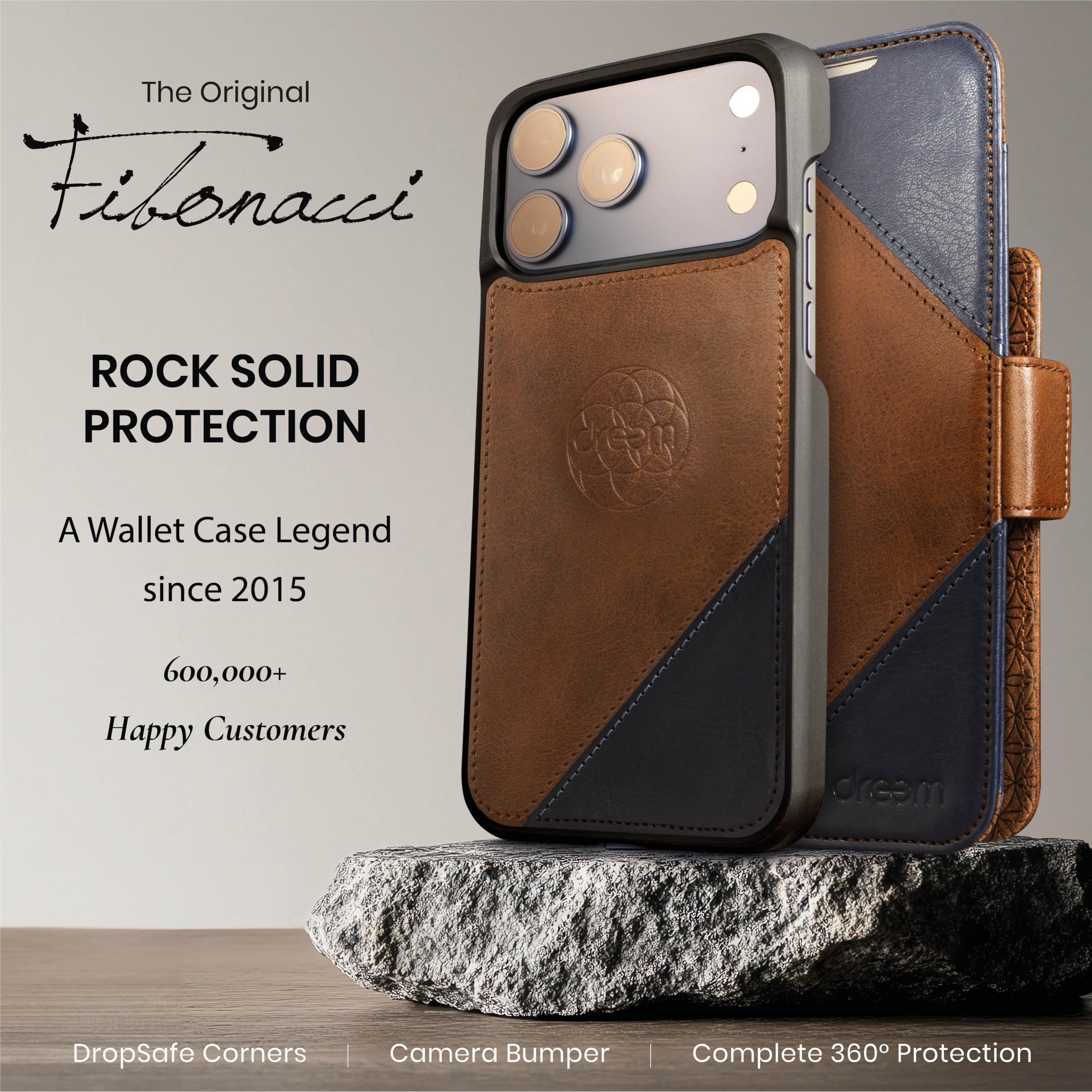 dreem iPhone 17 Pro Max Wallet Case - With Multi-Function Stand, Vegan Leather, MagSafe Compatible, Removable Magnetic Cover, RFID Card Holder [Fibonacci:Brown/Blue] - 4