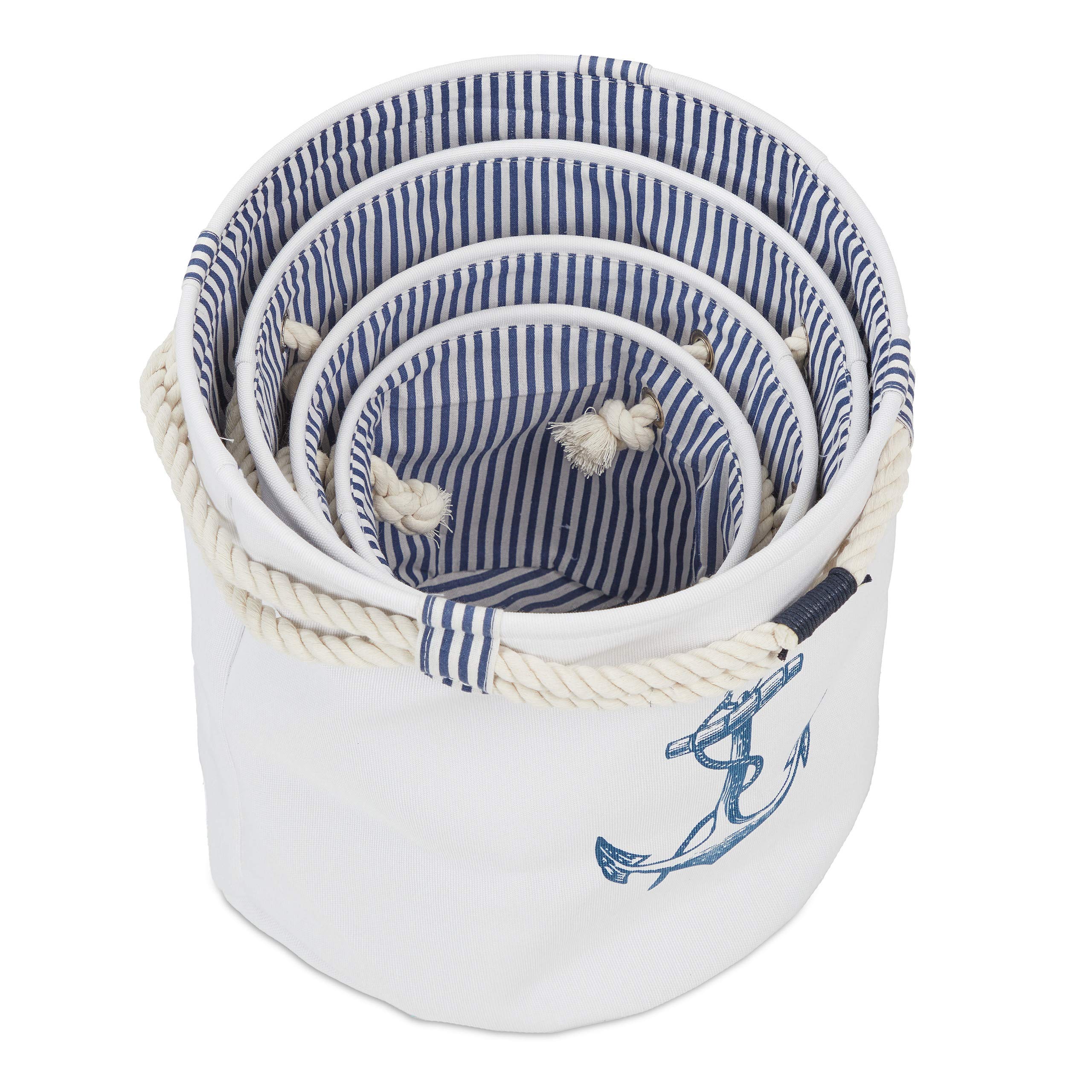 relaxdays Set da 4 Cestini Portaoggetti, Cesti di Stoffa con Manici, Contenitori Bagno Giochi, 4 Misure, Bianco/Blu