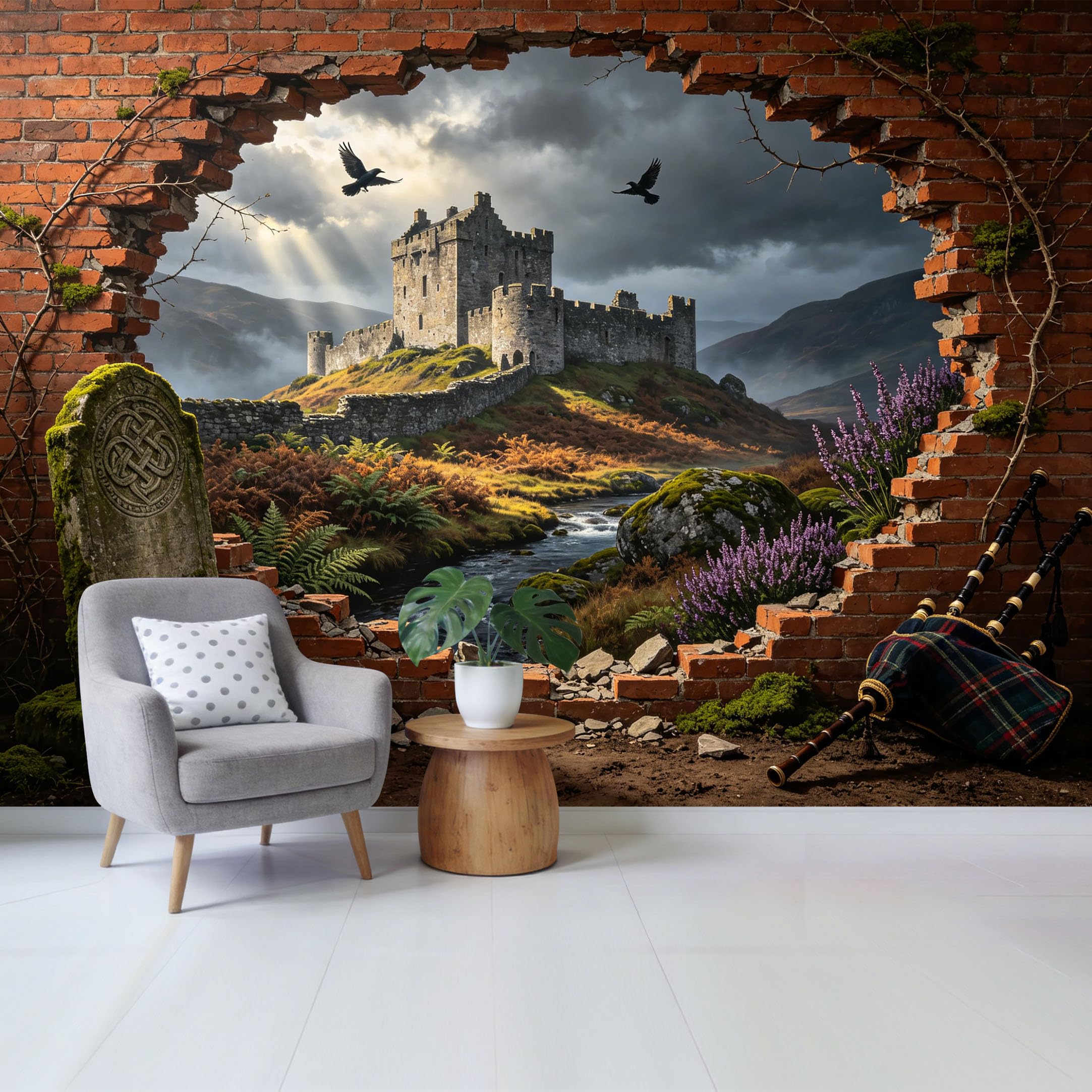 Custom Size Wall Mural Medieval Castle Landscape Through Brick Wall 3D Trompe l’oeil Removable Self Adhesive Fabric， Home Wall Decor for Living Room Bedroom Bathroom
