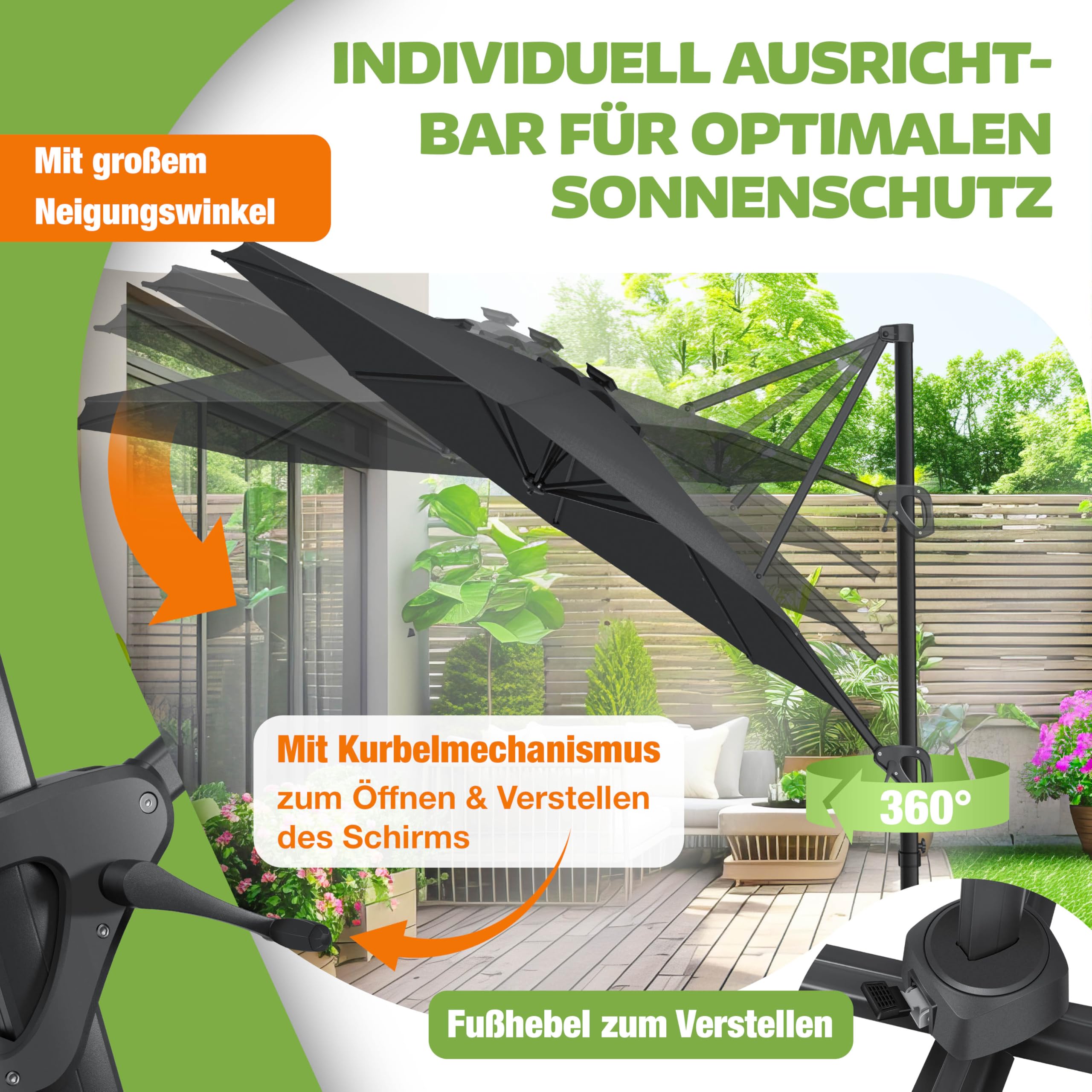KESSER® Sonnenschirm Ampelschirm SUN Rund XL Ø330 cm Inkl. Abdeckung, 7-Fach Verstellbar Drehbar Neigbar Kippbar Groß 360° Drehbar Gartenschirm mit Kurbel Sonnenschutz UV50+ Anthrazit
