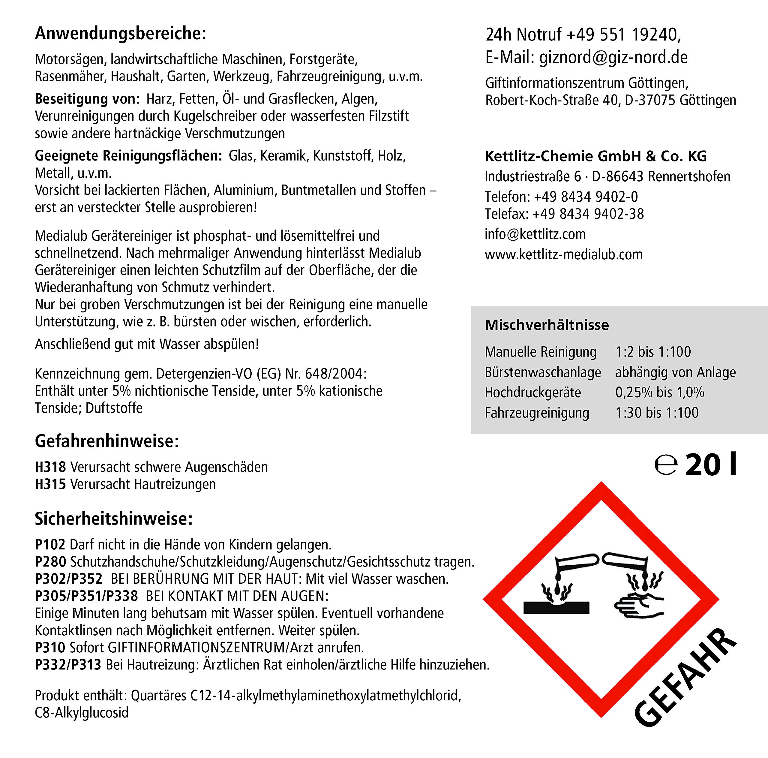 20 Liter Sägekettenreiniger KETTLITZ-Medialub Gerätereiniger Konzentrat Universalreiniger, Alkalischer Reiniger für Motorsägen