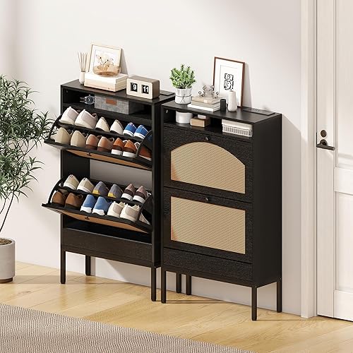 Miniatura 5 de NUNU LAB Armario de almacenamiento de zapatos de ratán para entrada con 2 cajones abatibles y estante ajustable, organizador de zapatos estrecho que