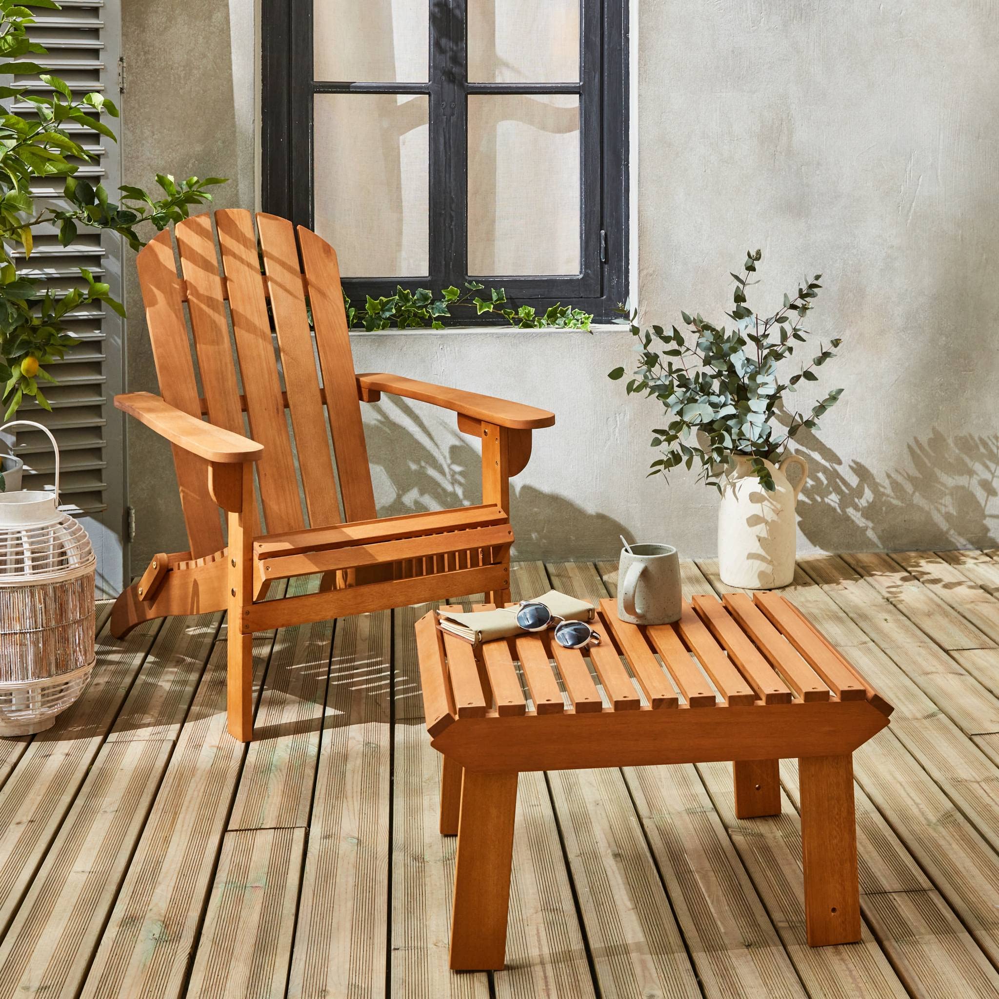 Alice's Garden - Fauteuil de Jardin en Bois avec Repose-Pieds/Table Basse - Adirondack Salamanca - Eucalyptus. Chaise de terrasse Retro