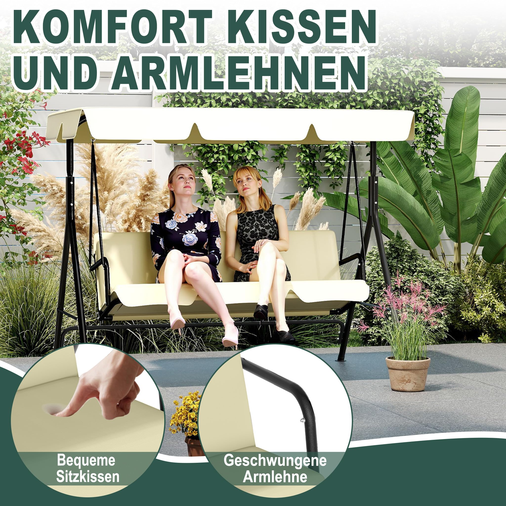 FIVMEN Balancín de jardín de 3 plazas con funda de techo ajustable, banco de jardín, columpio colgante, columpio para jardín, columpio colgante para jardín, soporta hasta 200 kg, 175,5 x 110 x 152 cm