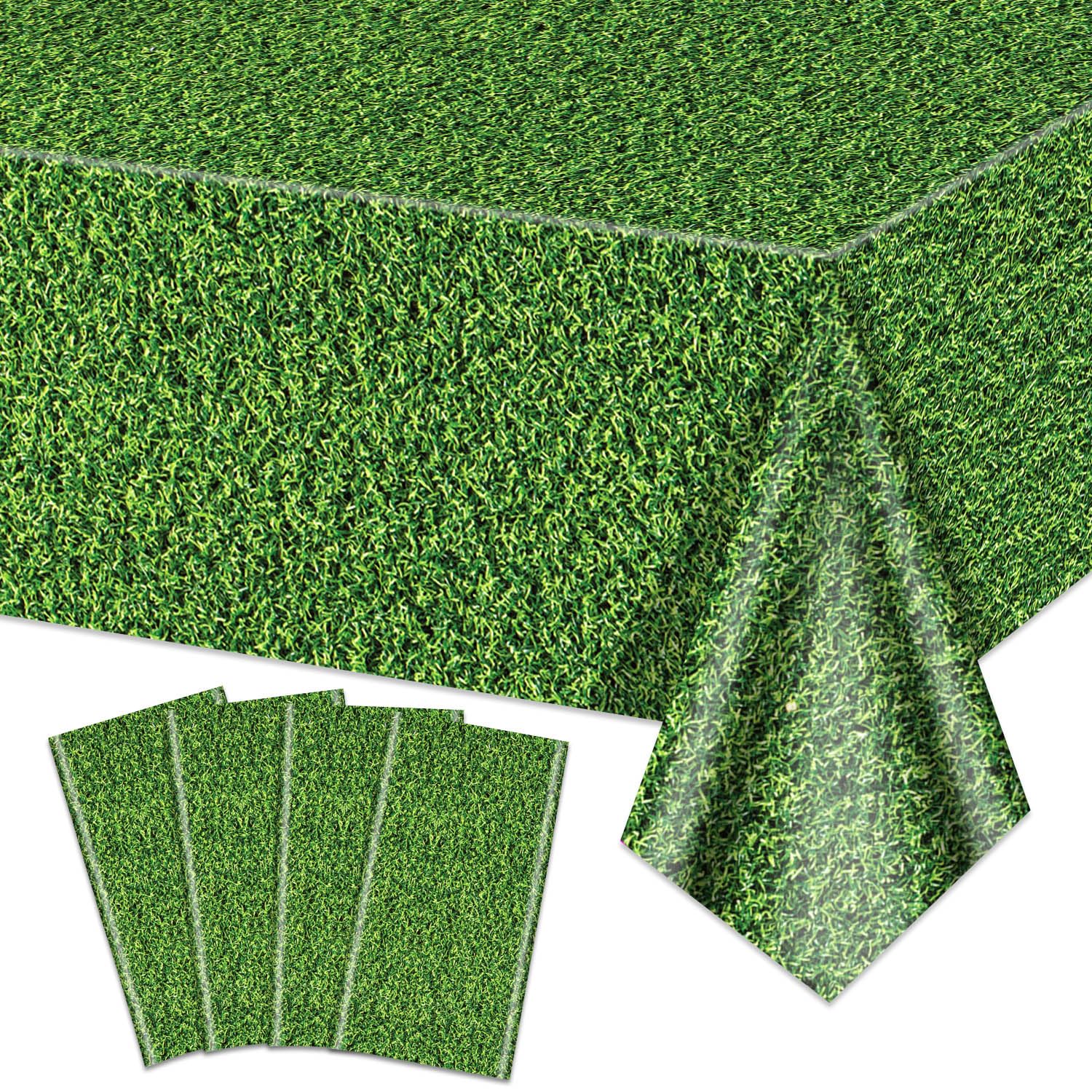 4Pcs Green Grass Tablecloths, 86.6"x51.2" Rectangular Grass Field Table Covers for Jungle Woodland Golf Soccer Football Event Sports Party Supplies