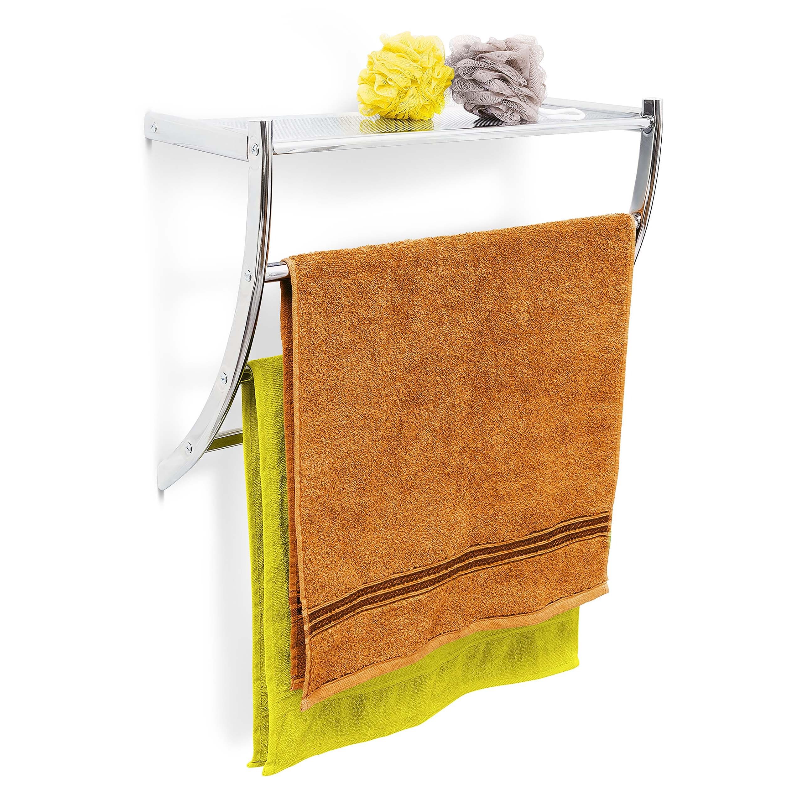 Relaxdays Wandhandtuchhalter, HxBxT:43x56x23cm, 3 Handtuchstangen & Ablage, Wandmontage, verchromter Stahl, silber
