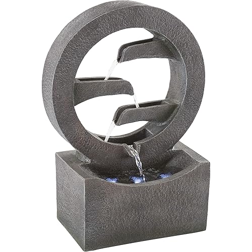Pure Garden 50-LG1218 Round Cascade Fountain-4 Tier Polyresin Waterfall with LED Lights-Outdoor Decorative Water Feature-18.5” Tall-Contemporary Design, Gray