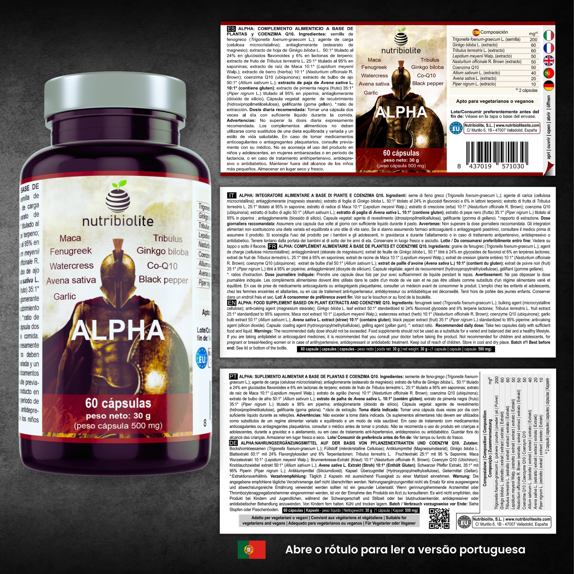 Complejo Altamente Concentrado con Maca, Tribulus, Fenogreco, Ginkgo, Co-Q10, Piperina. Fuerza + Resistencia + Energía. Pre-entreno. 60 capsulas veganas - ALPHA