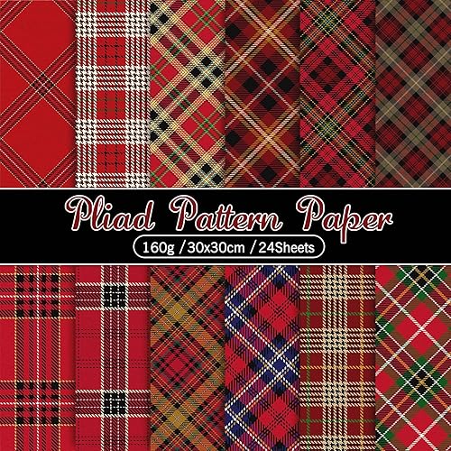 Whaline Paquete de 24 papel de patrón navideño de 11.8 x 11.8 pulgadas, papel de recortes a cuadros escoceses rojos, 12 diseños, papel de