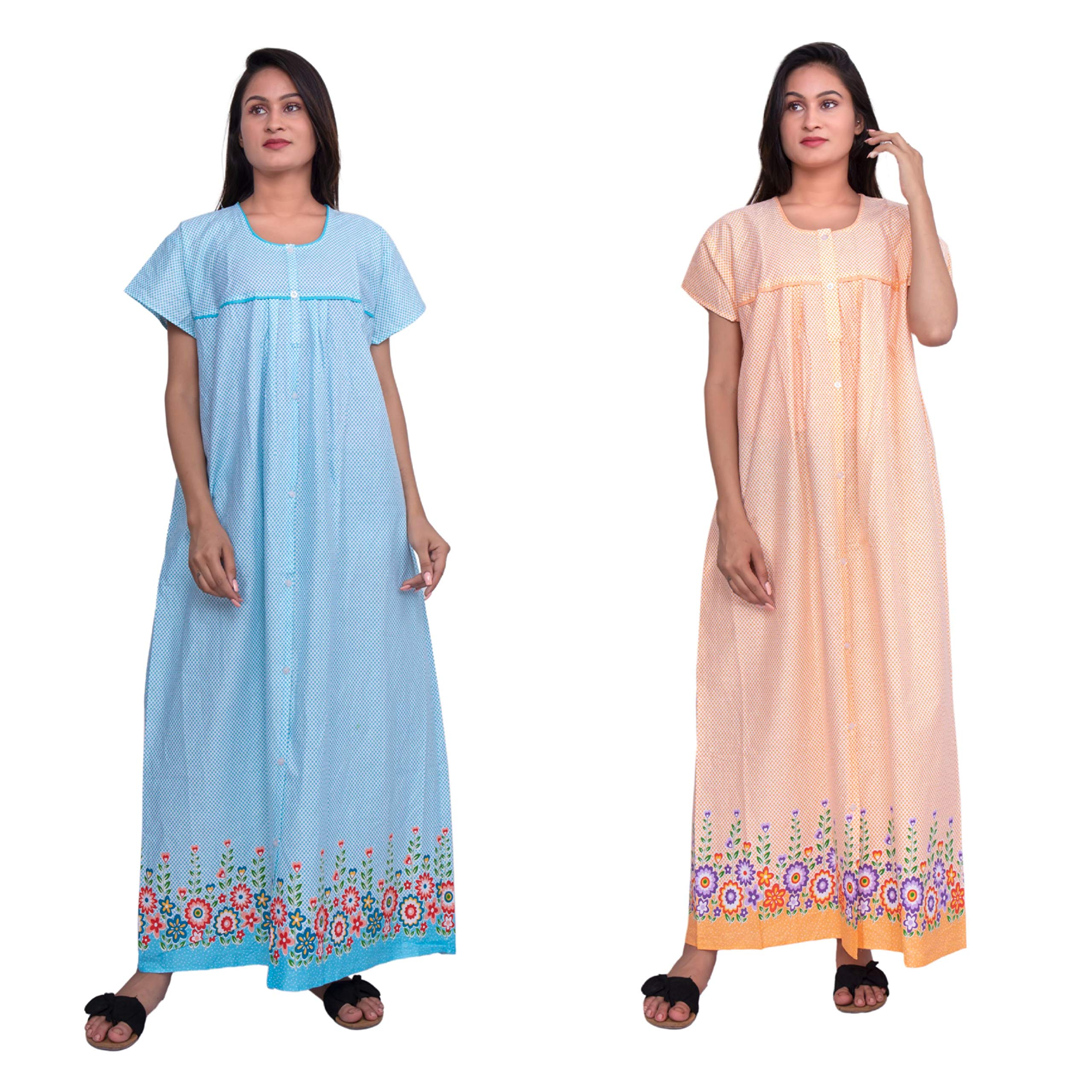 kavya Women's Cotton Full Button Front Open Nighty (Sky Orange; Free Size) Combo Pack of 2 Pieces