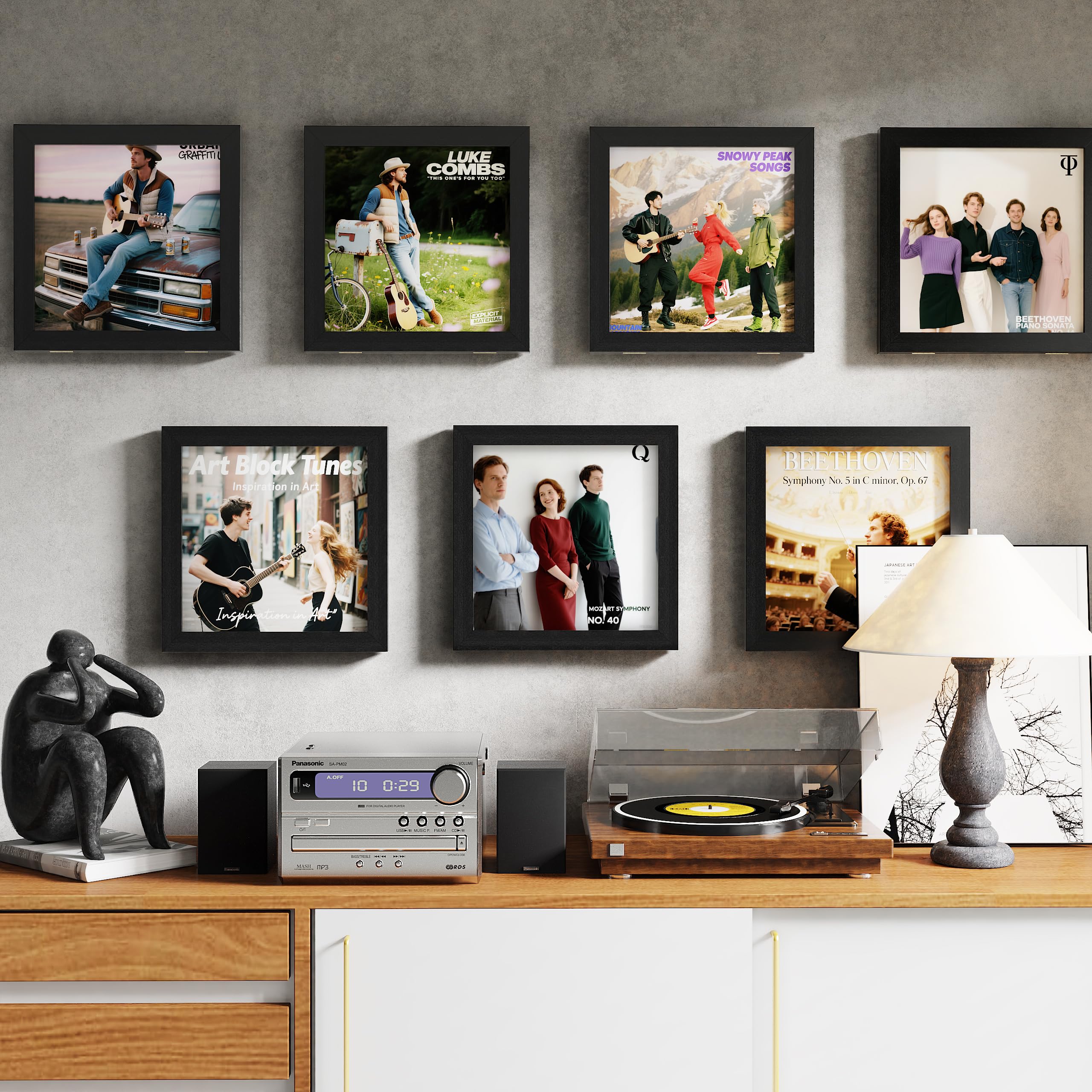 2 Pièces Meuble Vinyle, Ouverture sur le Mur Avant, Bois Cadre Photo Vinyle pour Présenter les Disques Poster, pour Exposer les Pochettes de Disques Vinyles 12x12 (Noir Mince)