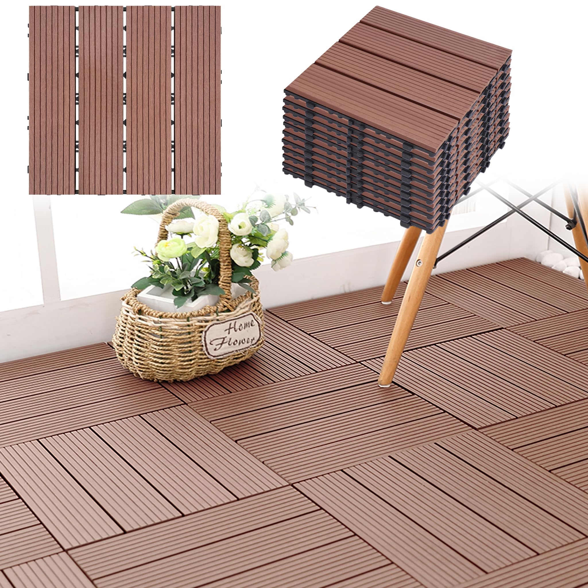 YEATHOR Garden Decking Tiles, WPC Plastic Terrace Tiles, 30x30cm Interlocking Flooring in Wood Look, Weather-Resistant, Indoor Outdoor Drainage Balcony Flooring, (11 Pieces = 1m², Reddish-brown)