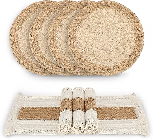Handmade Boho Placemats Set of 4 - Natural Cotton Burlap